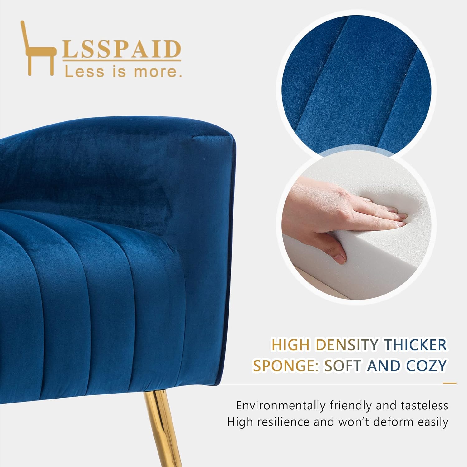LSSPAID Velvet Accent Chairs Set of 1, Modern Fabric Upholstered Living Room Chairs Armchairs with Wing Back and Metal Legs, Navy Blue