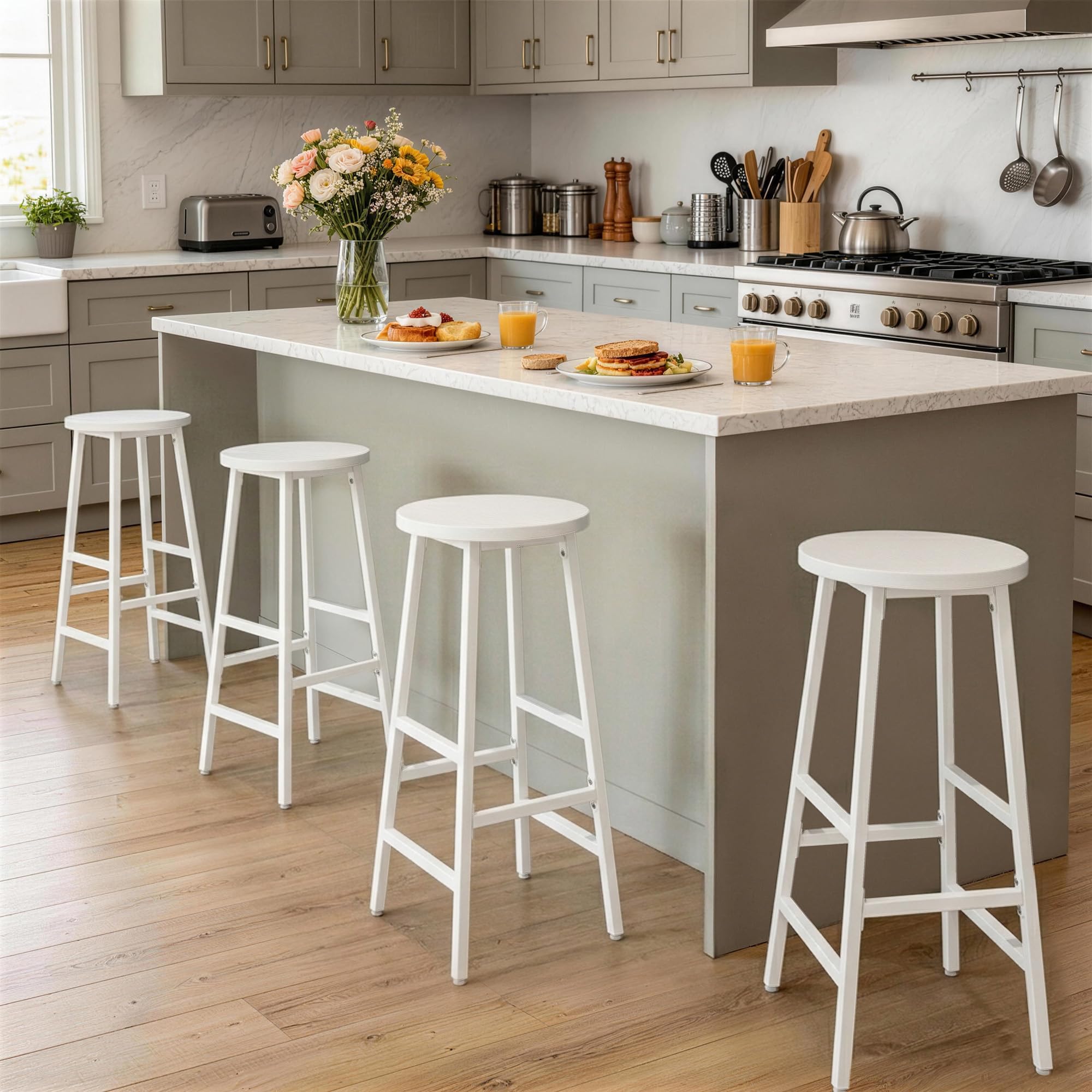 YOUDENOVA Juego de 2 taburetes de Bar, Estructura de Madera y Metal, estables y compactos, con reposapiés, 71 cm, Estilo Industrial, para Cocina y Comedor, Blanco