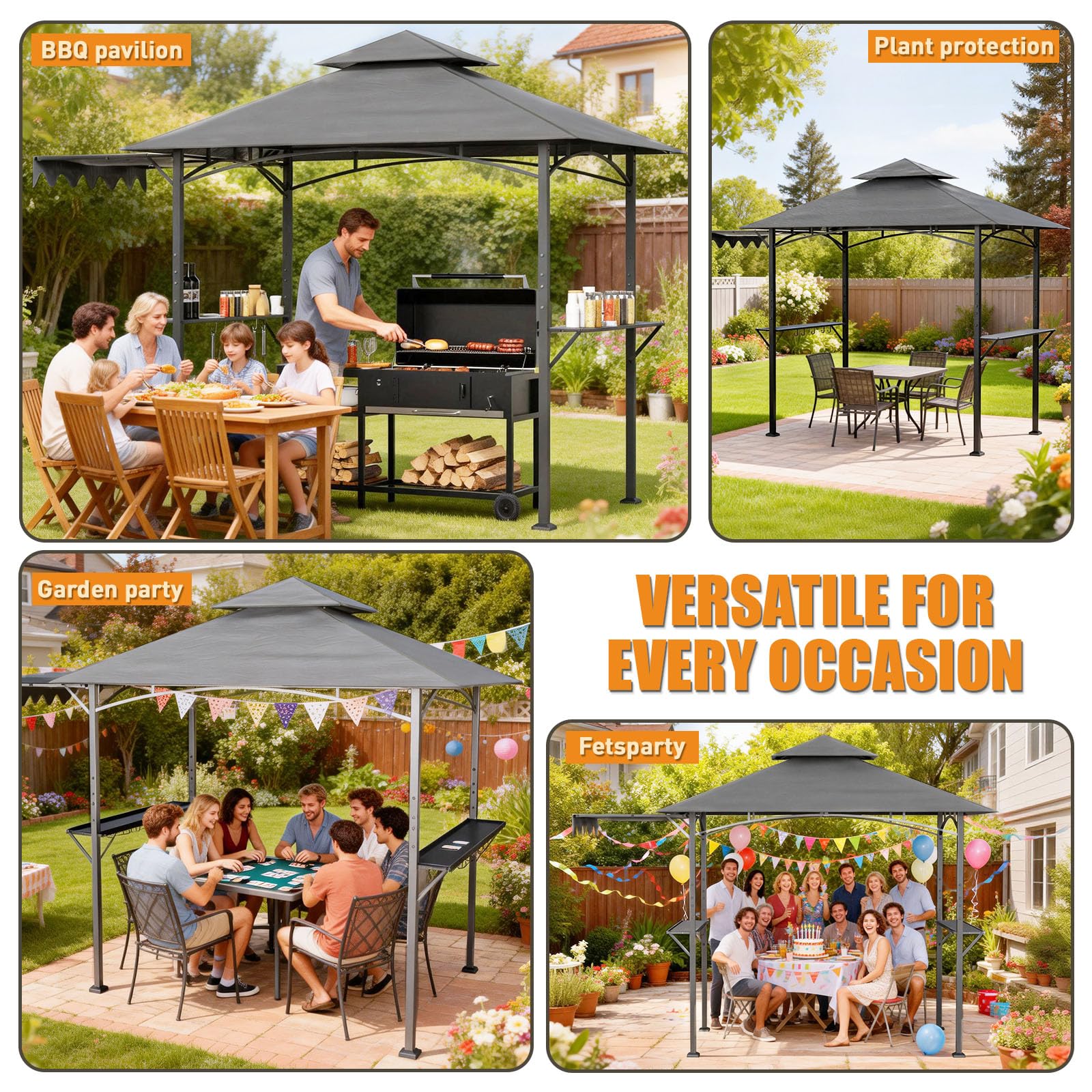 Grillpavillon wetterfest mit Seitenmarkise, Seitenregalen, Haken & Flaschenöffner, sekundenschnell aufbaubar UV-Schutz 50+, Grillunterstand für Garten, Außenbereich, Grau