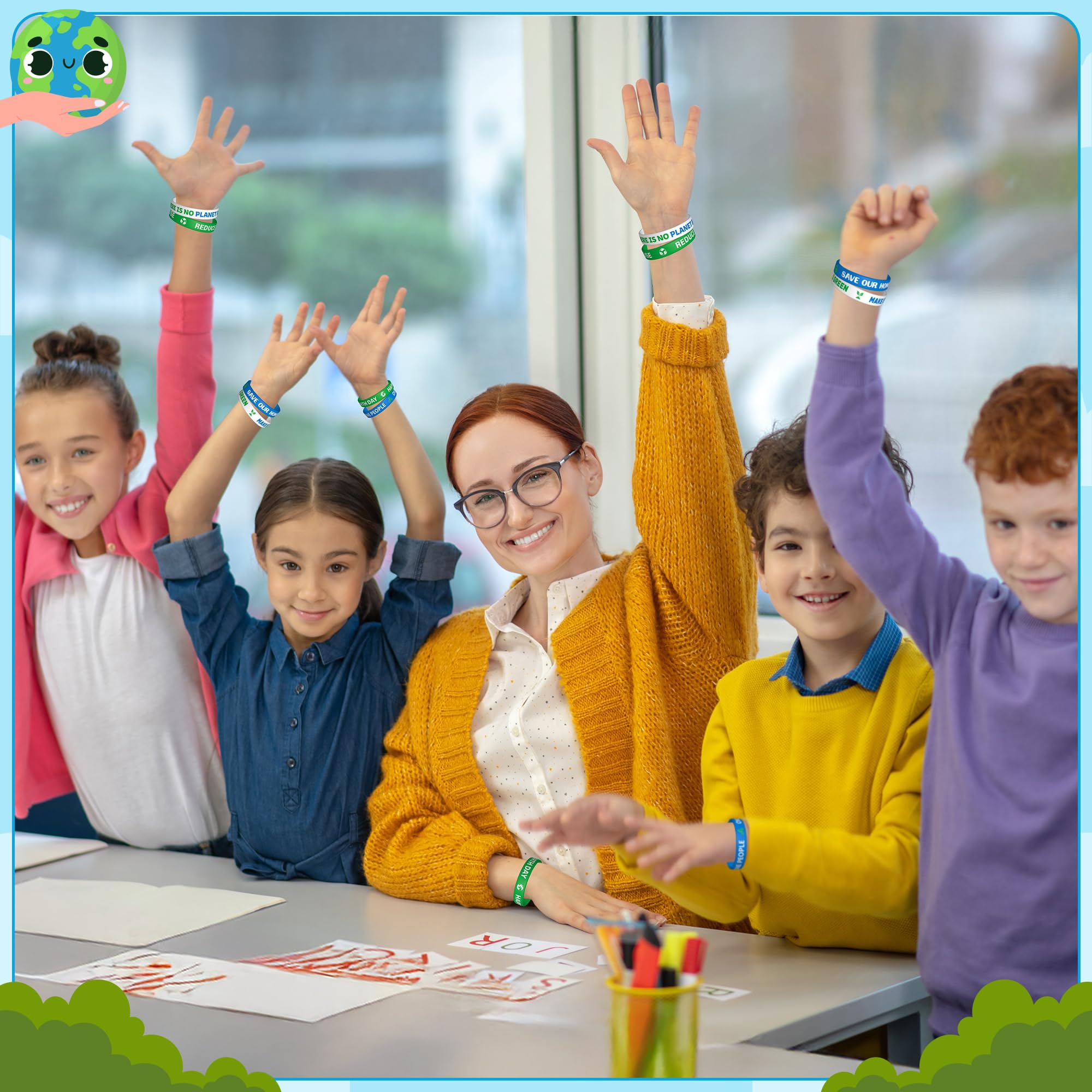 WATINC Braccialetti in silicone con scritta Happy Earth Day, verde e blu, braccialetti elasticizzati per riutilizzare e ridurre il riciclo, motivazionali, motivazionali, bomboniere, eventi, regalo per