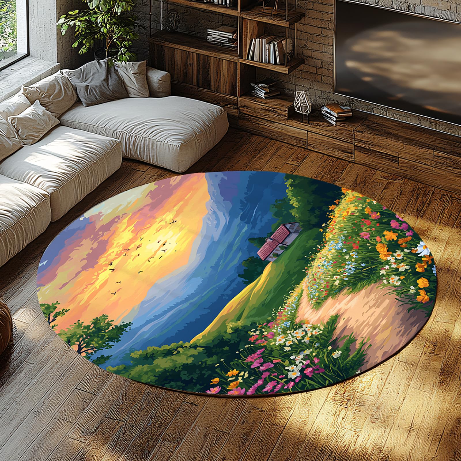 Tapis fleurs sauvages rond 160cm mince et relaxant pour enfants