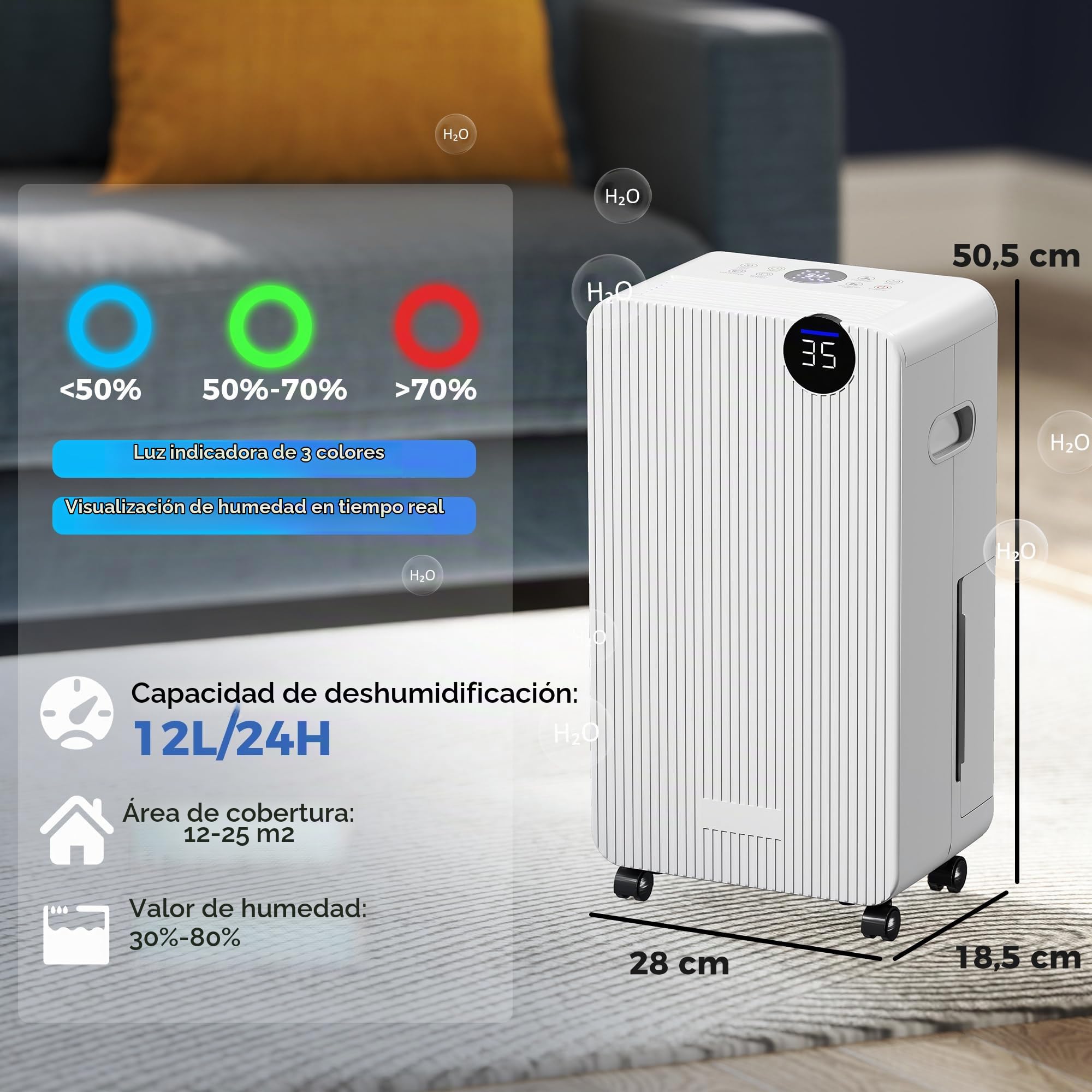 HOMCOM Deshumidificador 12L/día Depósito 2,1L Silencioso Eléctrico 12-25㎡ | 4 Modos, Pantalla LED, Temporizador, Apagado Automático, Bloqueo Infantil, Drenaje Continuo