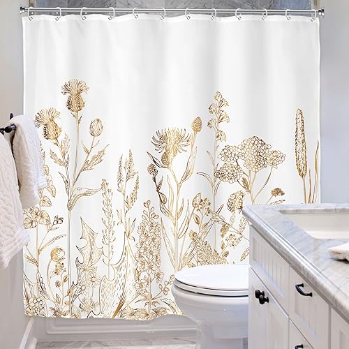 Miniatura 3 de Riyidecor Cortina de ducha con flores silvestres florales de oro blanco para decoración de baño, 72 pulgadas de ancho x 72 pulgadas de alto, hierbas