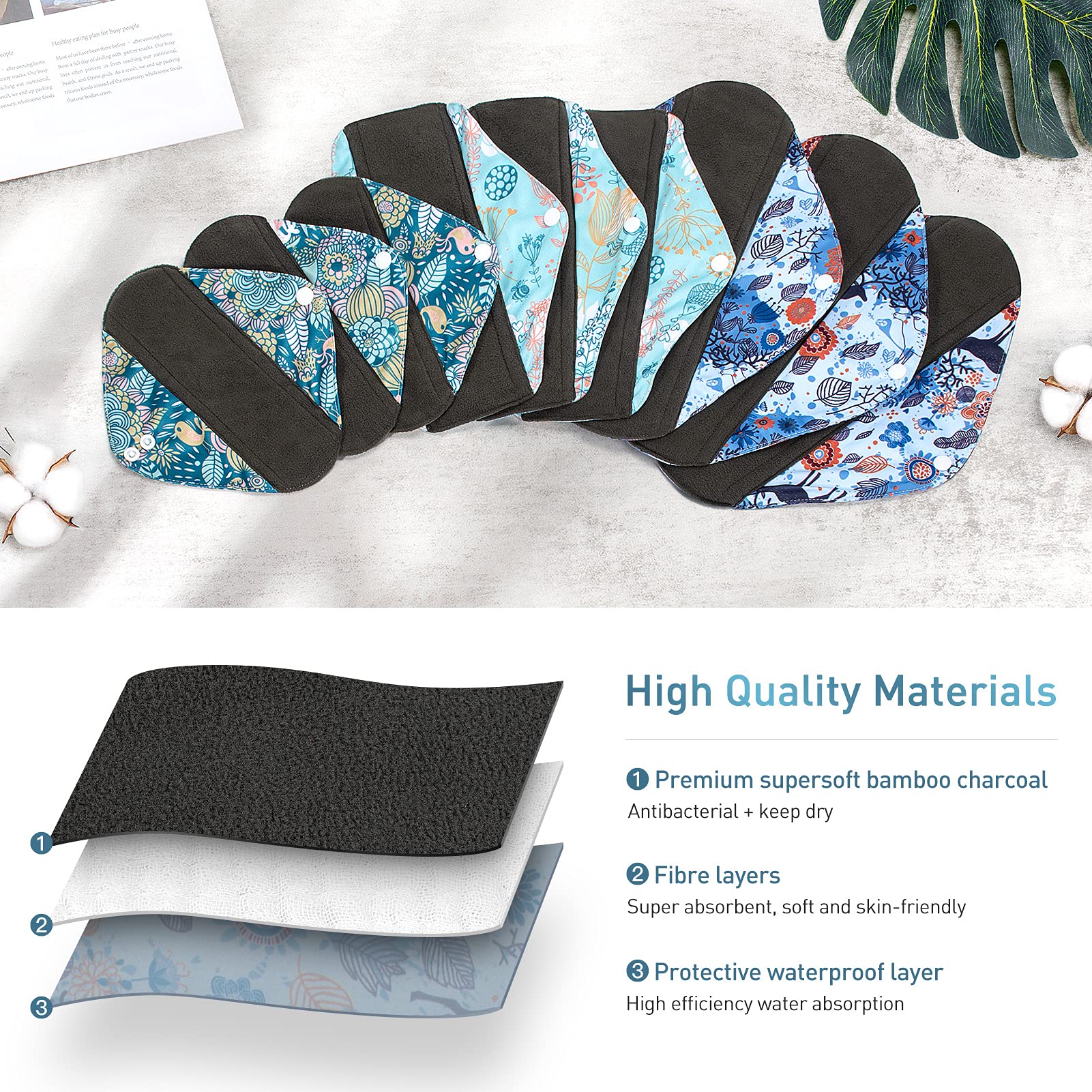 Viedouce Serviette Hygiénique Lavable,Lot de 9 Serviettes Hygiéniques Réutilisables,Serviette Hygiénique en Tissu,Protege Slip Lavable avec 2 étanches Sacs de rangement