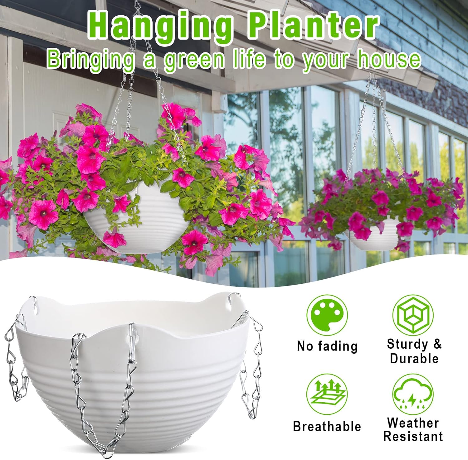 Eccliy Hanging Planters, Set of 16 Pcs Plastic Hanging Pots White Flower Plant Pots Baskets Hanging Chains Drainage Plugs Water Barrier with Small Garden Tools Set for Outdoor Indoor Home Garden