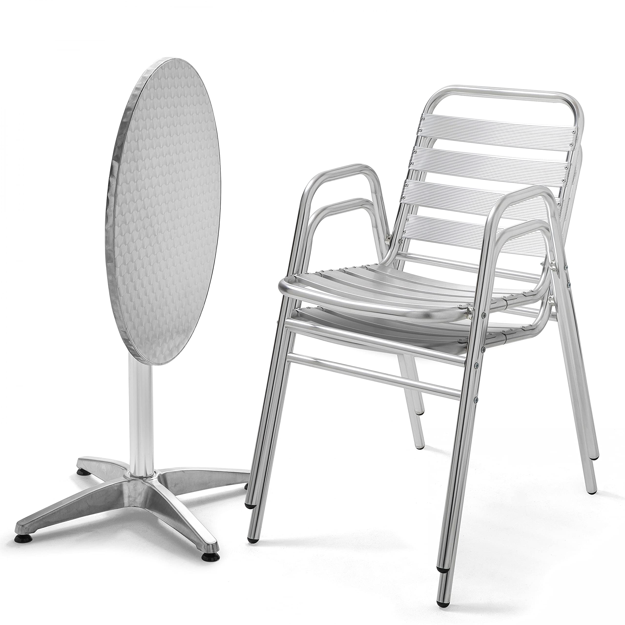 Oviala Round Garden Table and two chairs, made of aluminum, in a grey finish.