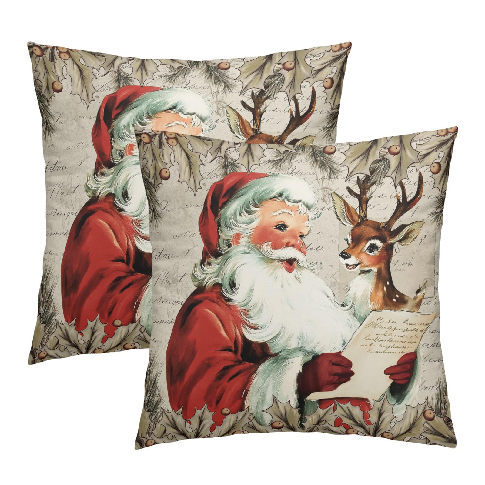 Kawani Christmas Santa Claus Pillow Covers 18x18 Inch Vintage Xmas Theme Reindeer Holly Decorative Throw Pillows Set of