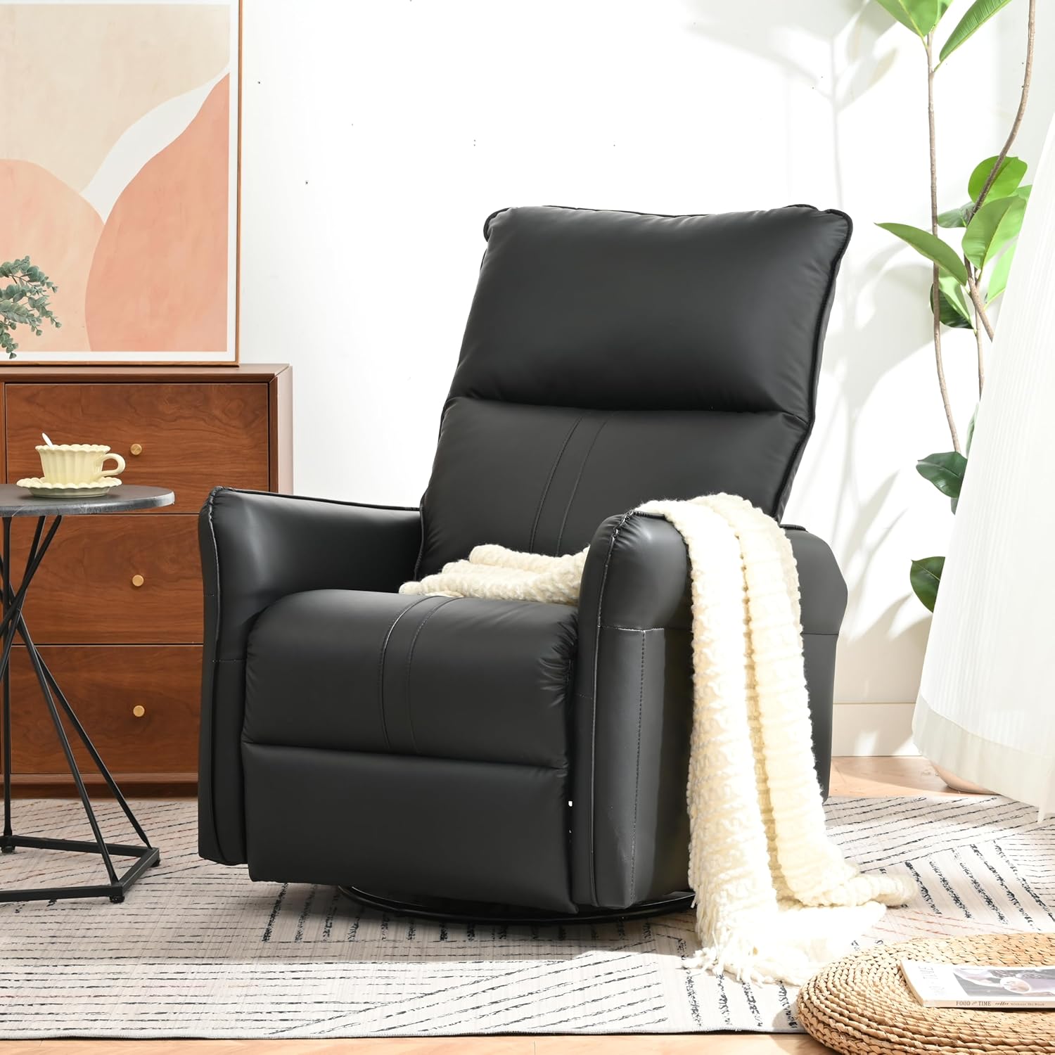 63" Stylish Multifunction PU Rotating Recliner, 360° Swivel Nursery Rocking Chair, Modern Ergonomic Glider Armchair with Adjustable Backrest & Side Pockets for Living Room Theater Studio, Black
