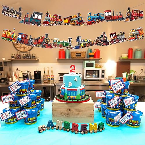 Miniatura 5 de Decoraciones retro para fiesta de tren de vapor, suministros de decoración de fiesta de cumpleaños, incluye pancarta de feliz cumpleaños, remolinos