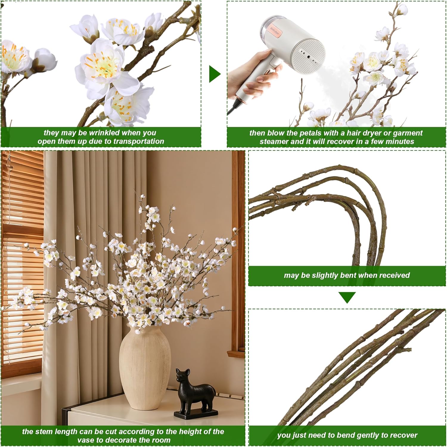 6 PCS Artificial Cherry Blossom Branches Spring Indoor Decoration, Faux Flowers 34.45" Long Stems Plum Fake Peach Plants Real Touch Silk for Wedding Home Bedroom Party Table Office, White - Image 4
