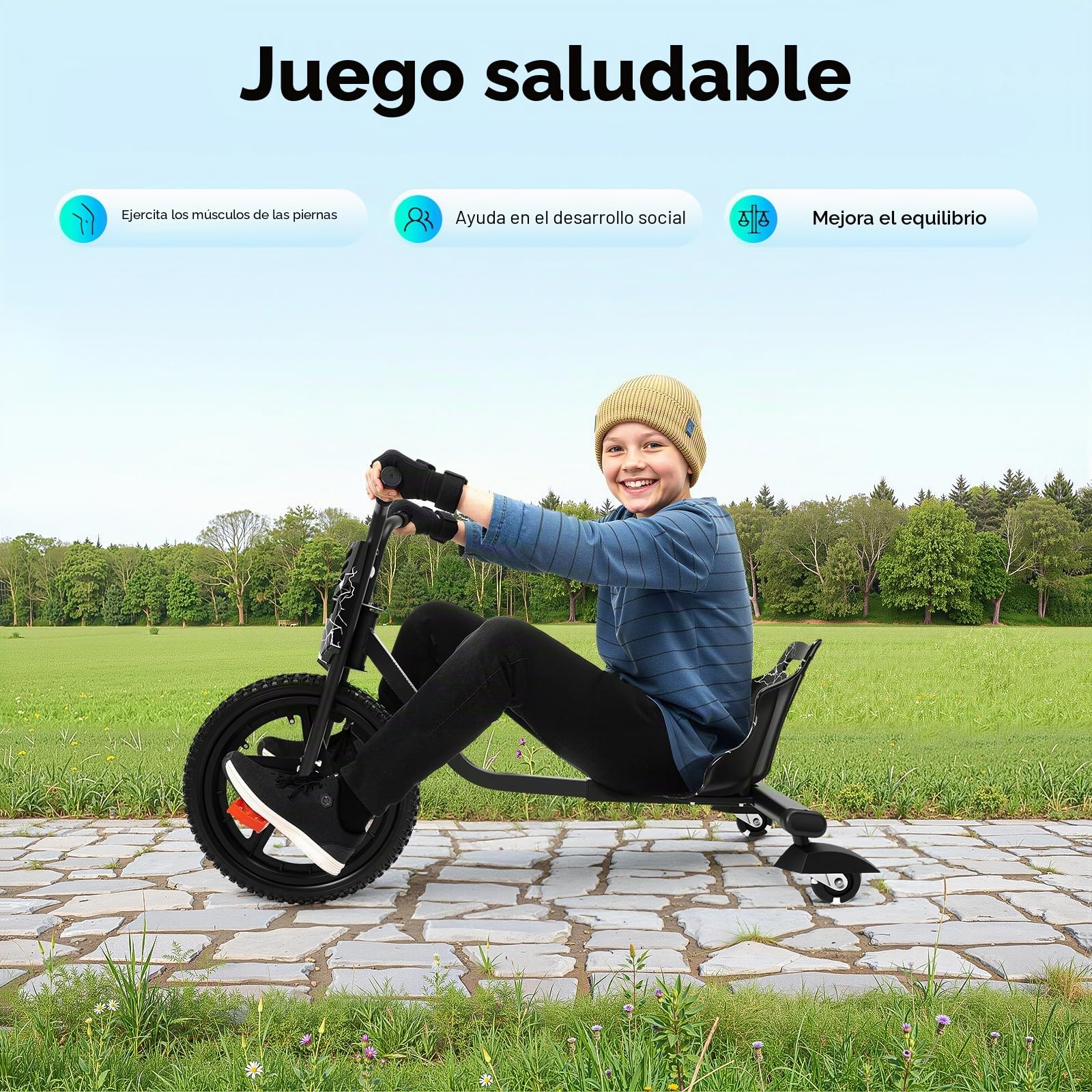 Drift Scooter 90x68x60cm Hierro Drifter Triciclo Capacidad 80kg Triciclo Niños Crazy Cart Rueda Delantera de 40cm Diseño Ajustable con Pedales Antideslizantes (Negro Rayo)