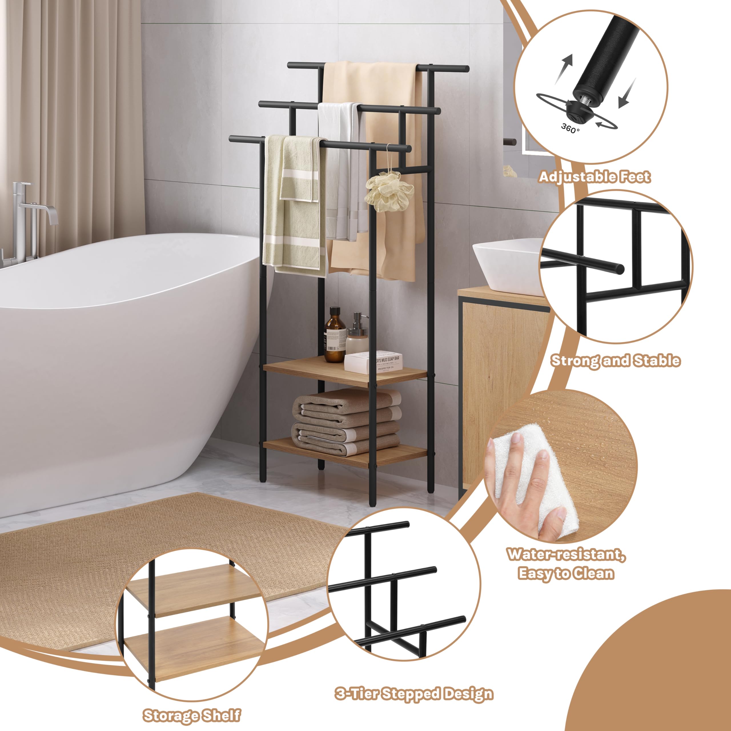 EUGAD Toallero de Baño de Pie, Soporte Toallas con 3 Barras y 2 Estantes, Gran Espacio de Almacenamiento, Toallero Escalera de Madera y Metal, Negro+Roble Claro