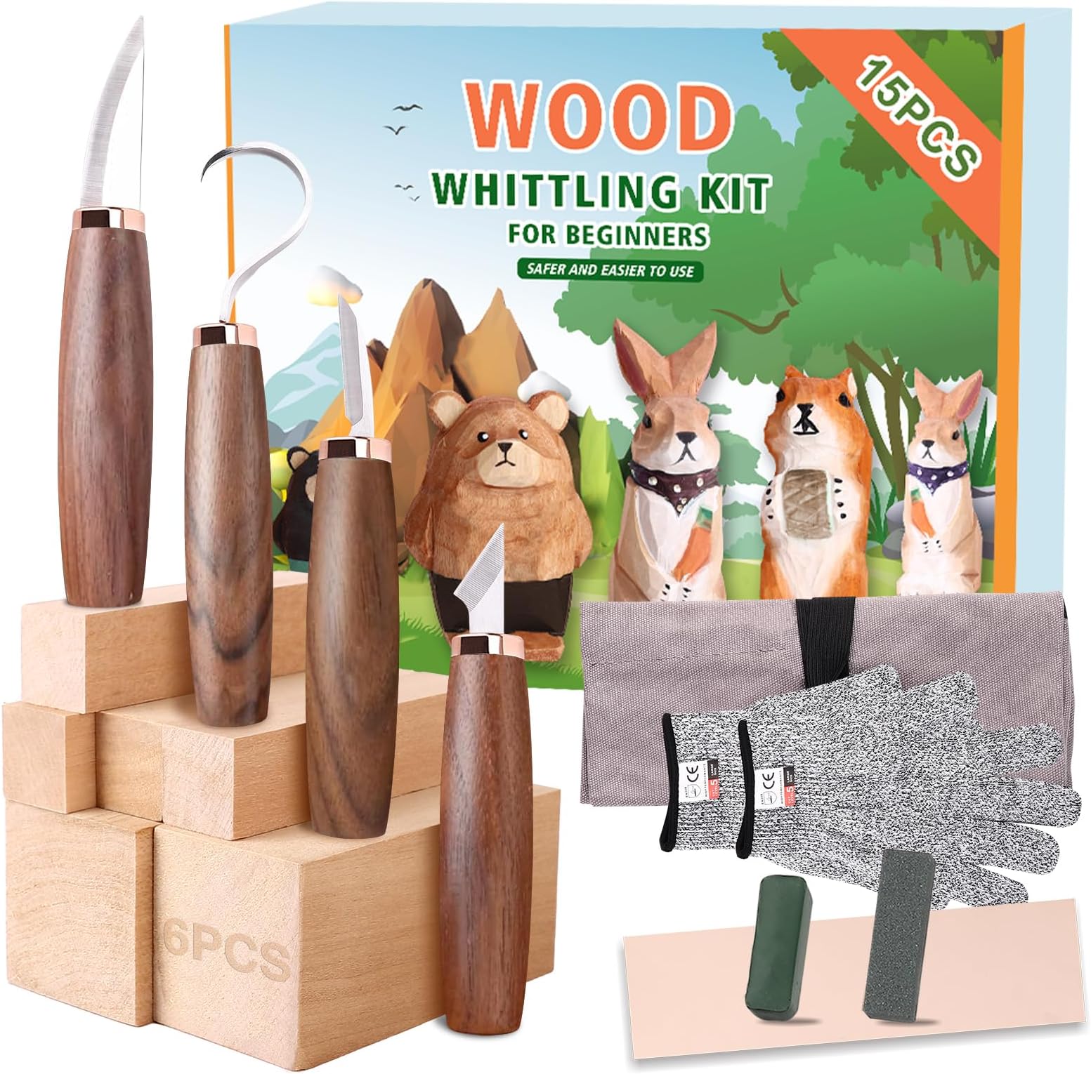 Wood Carving Tools Pack of 15- Includes Black Walnut Handle Wood Carving Knife,Whittling Knife,Hook Knife,Polishing Compound,Sharpening Stone,Cut Resistant Gloves,Wood Carving Kit for Beginners.