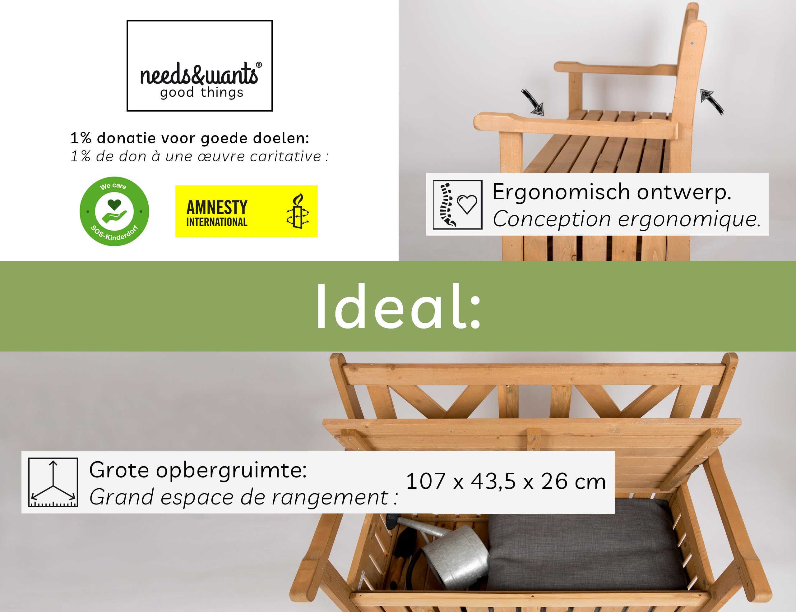 needs&wants® Banc de Jardin en Bois résistant aux intempéries avec Espace de Rangement et Couverture, Coffre 2 Places, de Parc Jardin extérieur avec Coffre