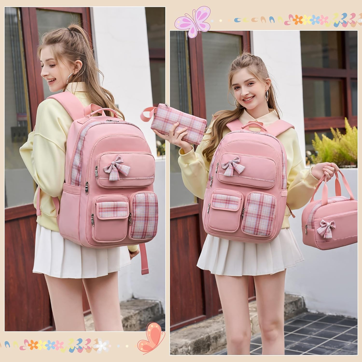 Girls Backpack,3pcs Backpacks with Lunch Box Pencil Case Set 15.6 Inch Laptop School Bag Kids Kindergarten Elementary College Bags Large Bookbag for Teen Women Students Casual Travel Daypacks Pink - Image 6