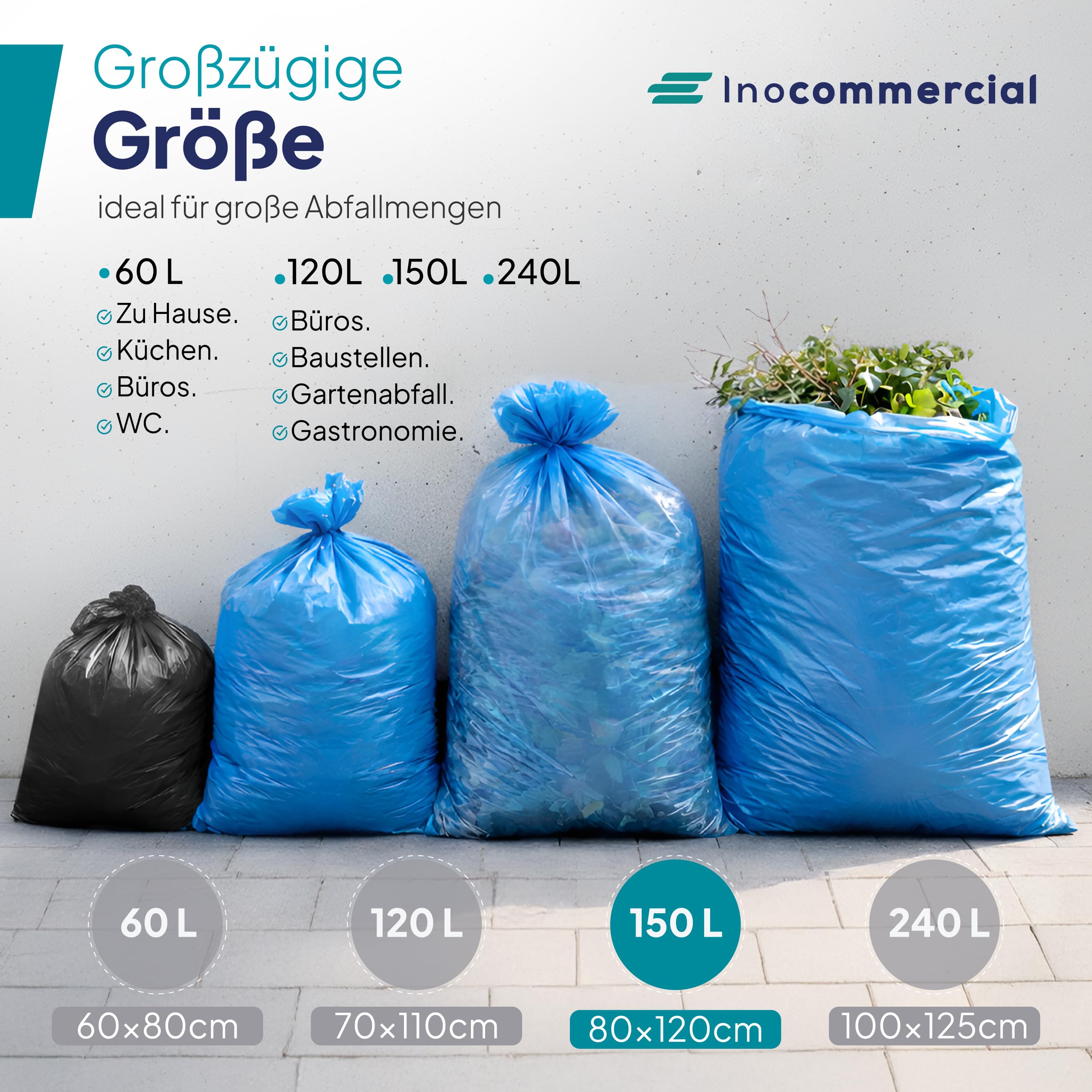 Inoverse 100 unidades (10 rollos) bolsas de basura de 150 litros, resistentes al desgarro, 80 x 120 cm, bolsas de basura azules, bolsas de basura de LDPE reciclado