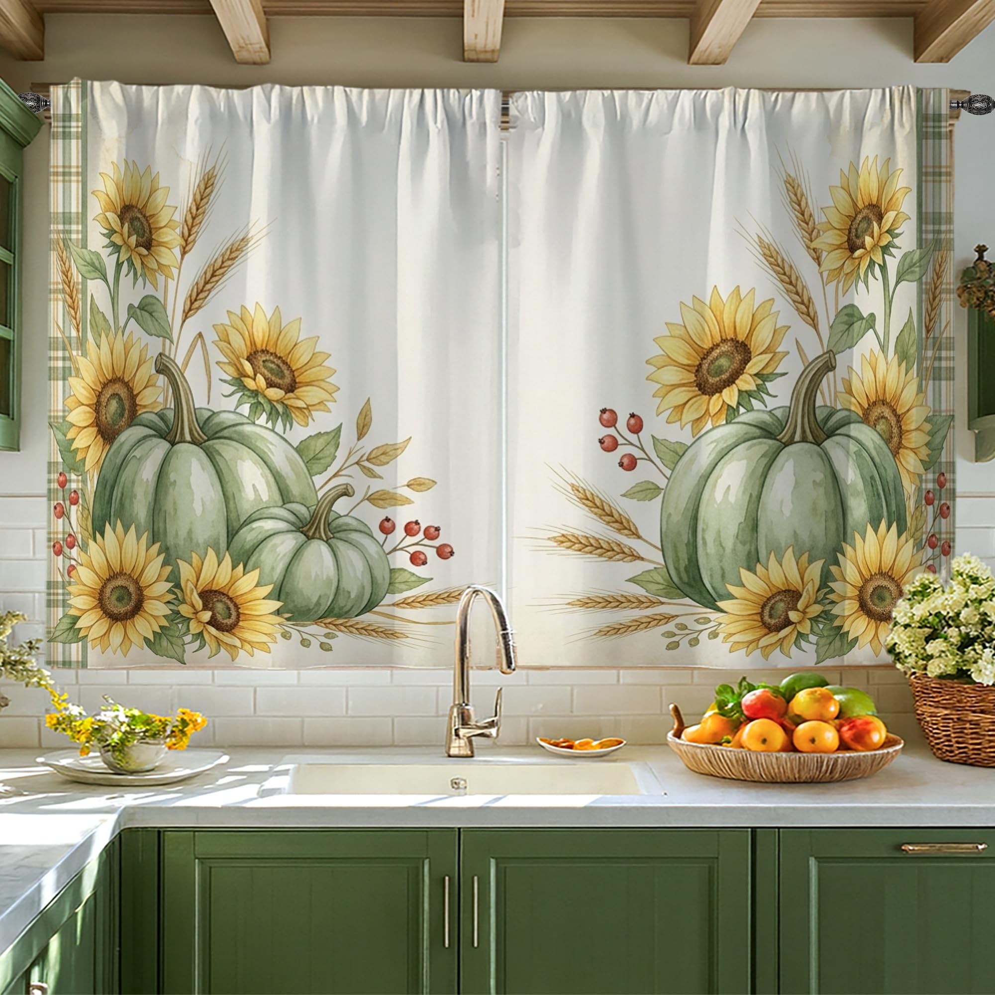 Rideaux de cuisine citrouilles de haute qualité, motif tournesol vert automne