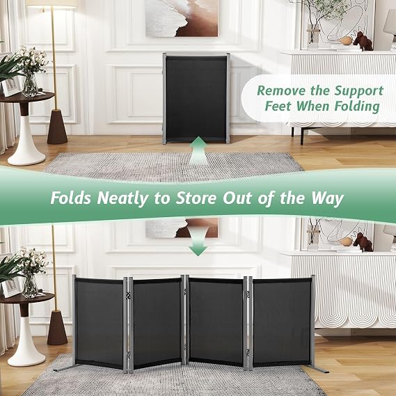 RANTILA 4 Panel Indoor Foldable Dog Fence Freestanding Dog Gate for Stairs, Hallways, or Doorways for Small Dogs- 68 X 24 Inch, Black, Need Assembly