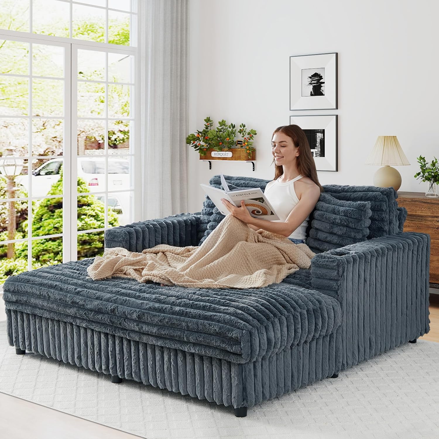 58'' Plush Faux Rabbit Fur Chaise Loveseat with Charging Station & Cup Holder and Pillows, Upholstered Corduroy Chaise Loveseat Sofa Recliner Longue Indoor Couch for Living Room, Bedroom, BLue Grey