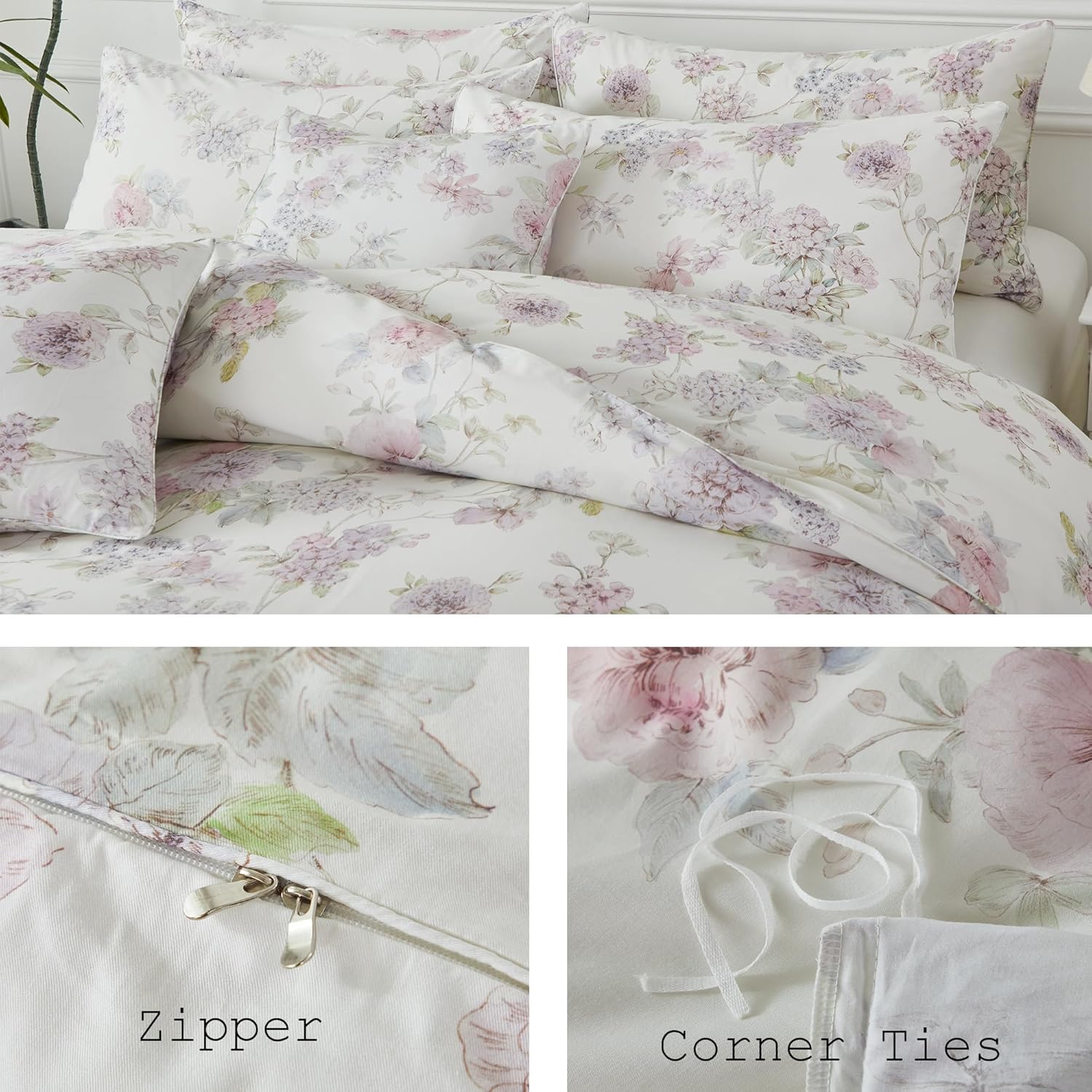 FADFAY Floral Bedding Set with Peony Print, Soft Breathable Duvet Cover & Pillowcases, 100% Cotton, Elegant Botanical Pattern, Durable & Skin-Friendly, Queen Size
