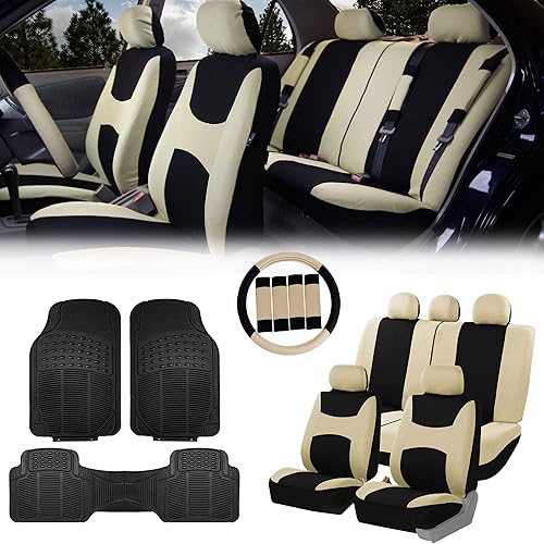FH Group Light & Breezy Cloth Full Set Car Seat Covers (Beige/Black) Combo Set: Steering Wheel Cover, Seat Belt Pads and Black Vinyl Floor Mats – Universal Fit for Cars Trucks & SUVs