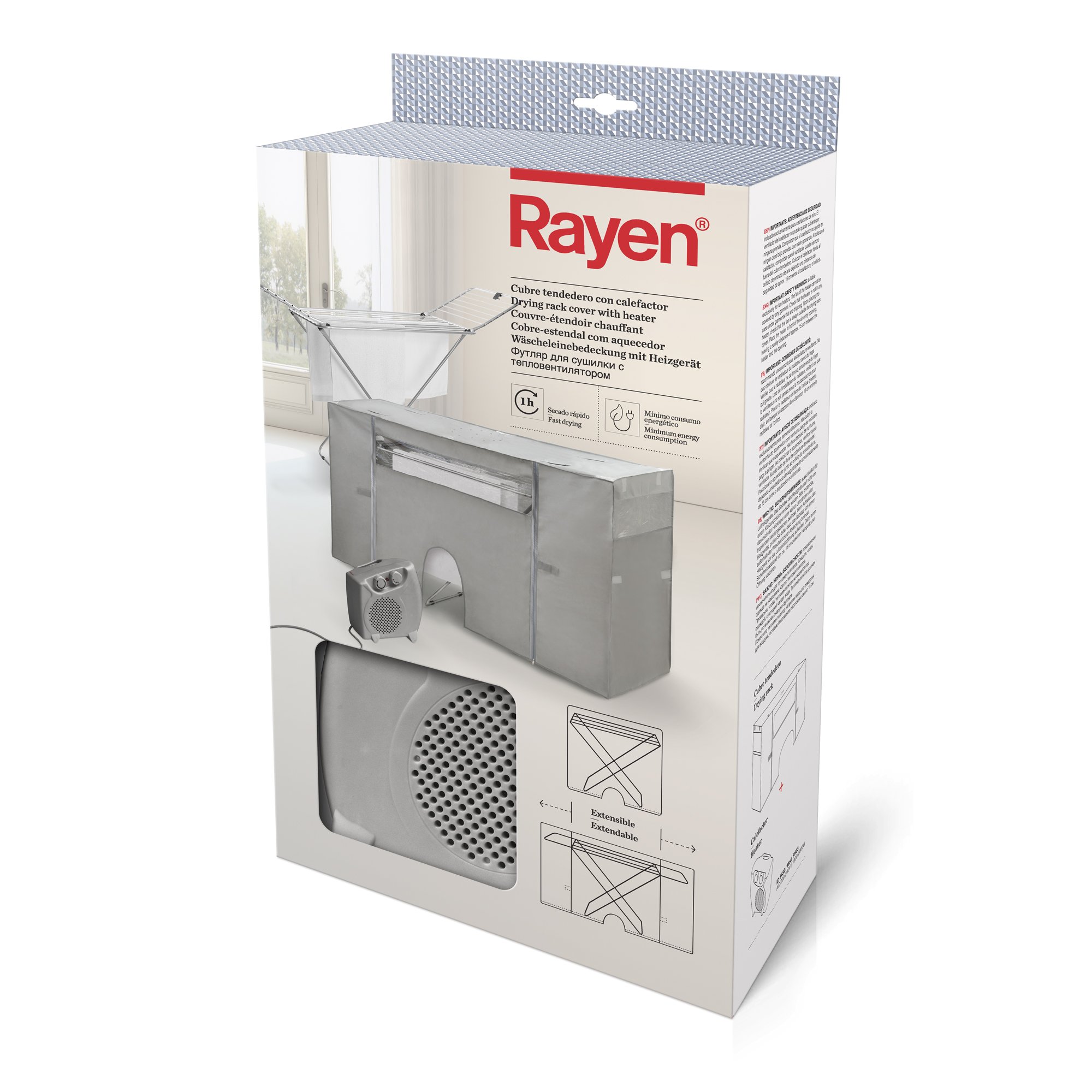 Rayen - Tela Coperchio stendibiancheria con riscaldamento, Stendibiancheria ad asciugatura rapida (1 ora), Estensibile 105-180 x 56 x 106 cm, 1 unità