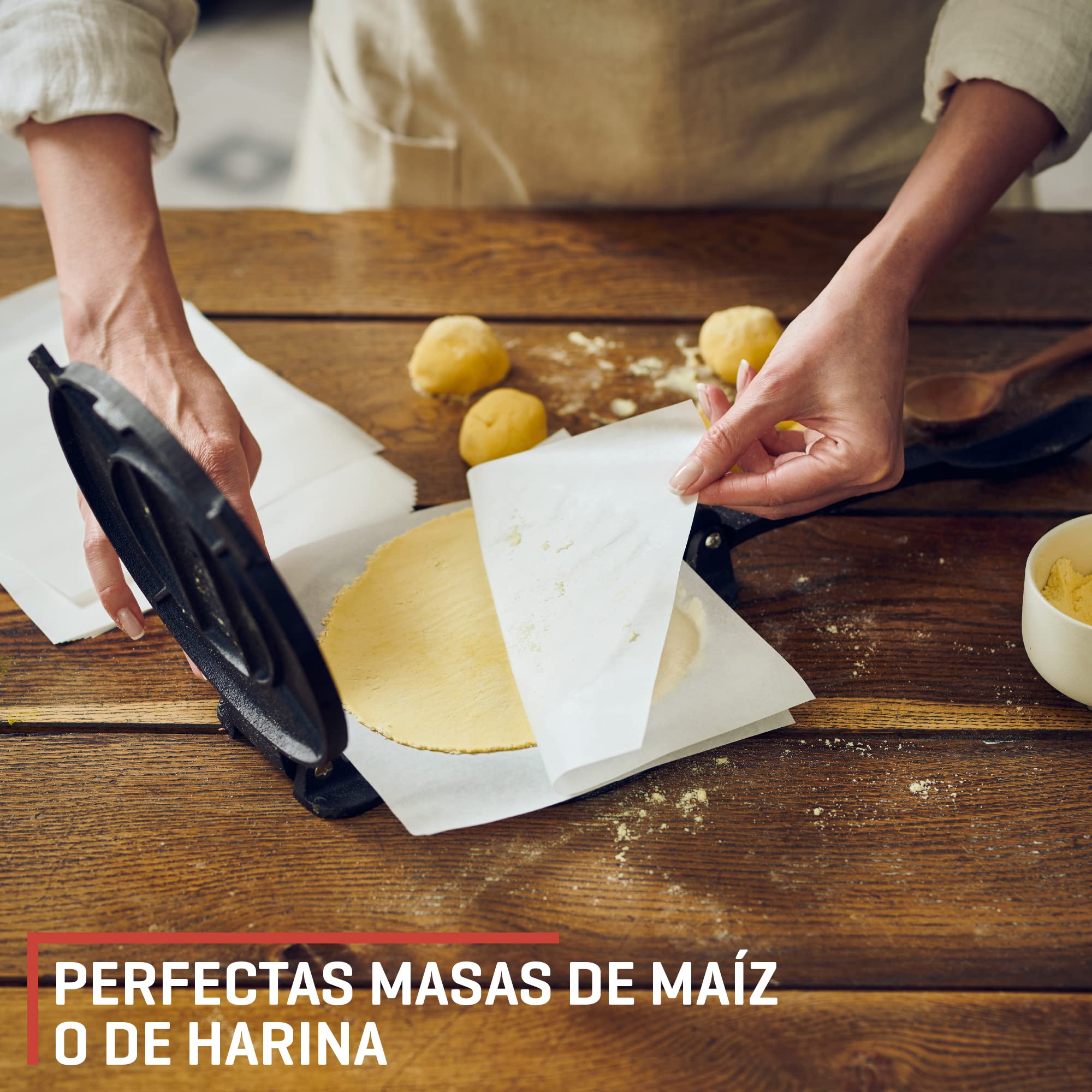 Uno Casa Prensa de tortilla de hierro fundido, 8 pulgadas, máquina de tortillas presazonadas para tortillas de maíz con 100 piezas de papel pergamino – Máquina Roti Maker Chapati, prensa de tacos,