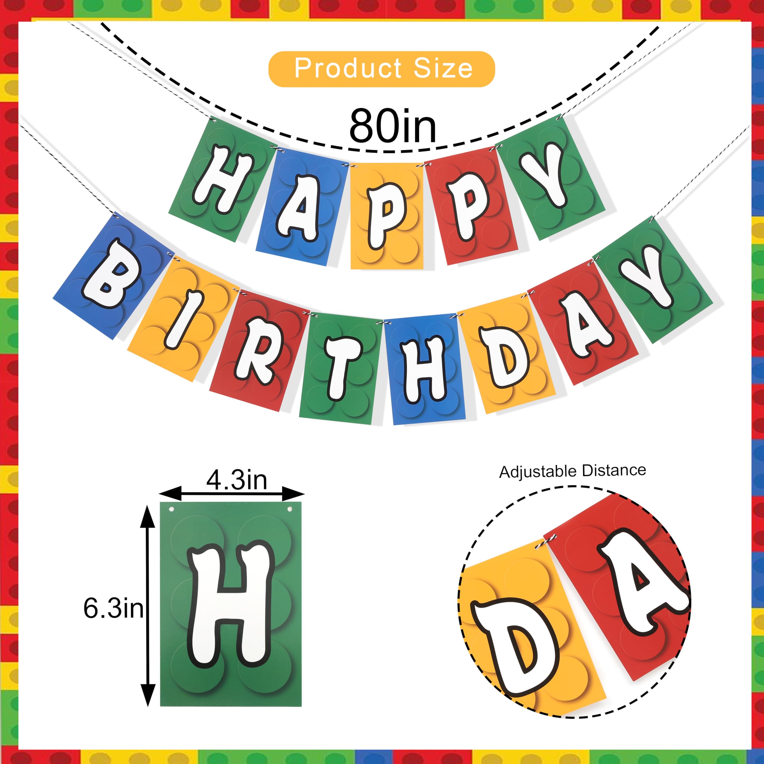 Building Block Birthday Banner - 80 Inch Brick Theme Party Garland