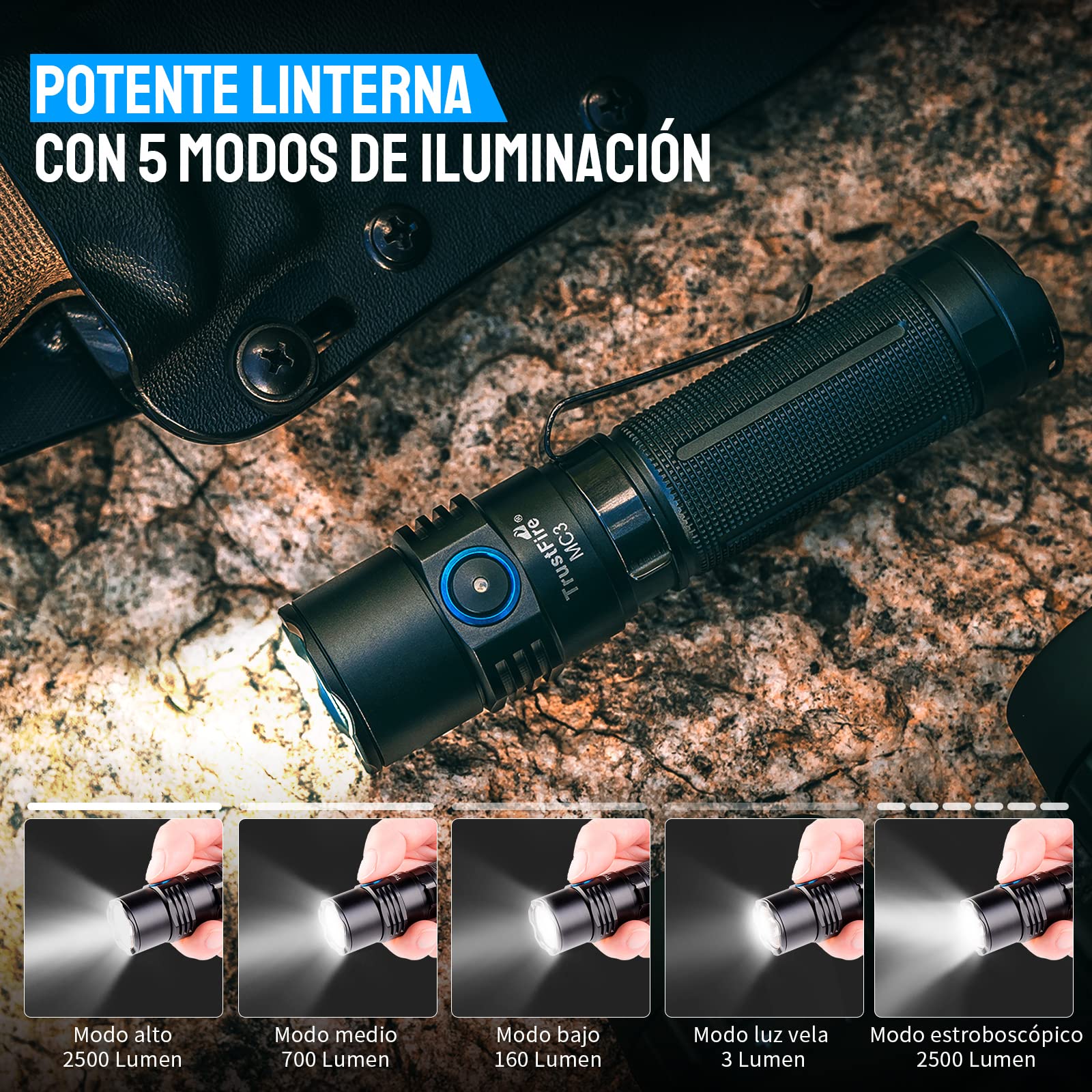 Linternas LED Alta Potencia 2500 lúmenes, TrustFire MC3 Linterna Táctica Militar Caza Profesional,LED XHP50, IP68 Impermeable, Linterna Imán Portátil Recargable para Emergencia Camping Senderismo