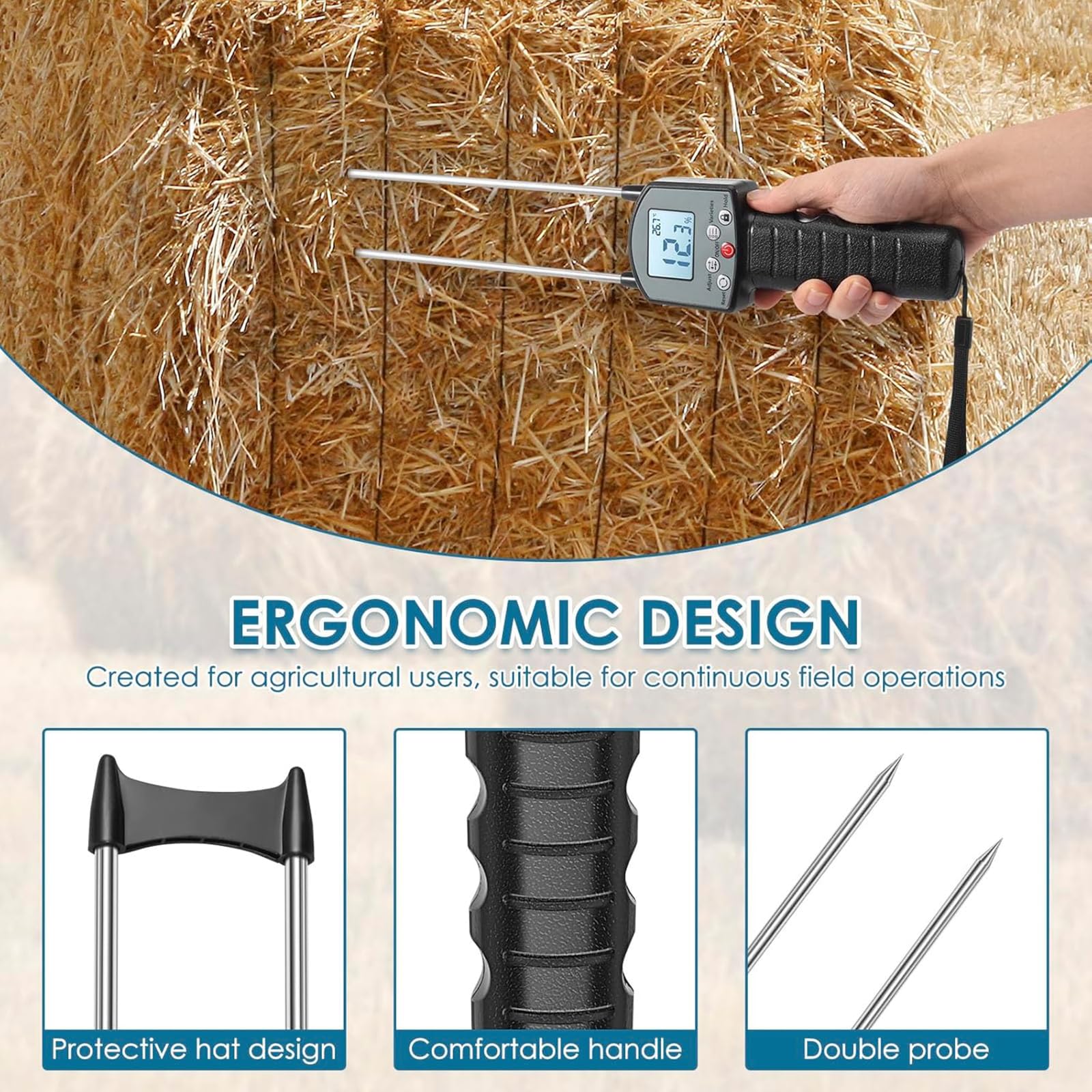Medidor De Humedad De Heno De Alta Precisión con Sonda, Dispositivo Digital Portátil, Rápido Y Exacto para Pacas De Hierba, Alfalfa Y Pasto De Huerto