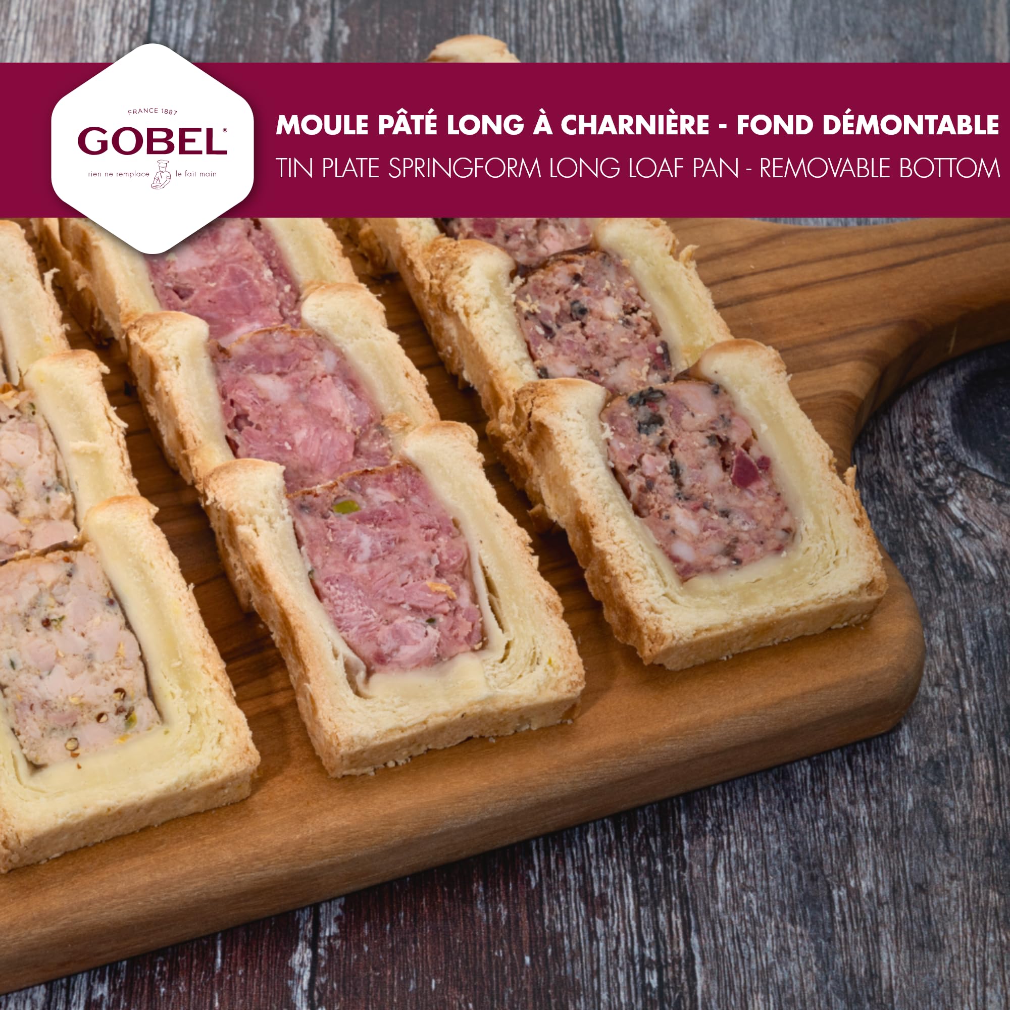 Gobel Moule à Pâté Croute Long 30 x 4 cm – Mini Moule à Charnière en Fer Blanc – Fond Amovible – Idéal Terrines et Pâtés Maison – Fabrication Française