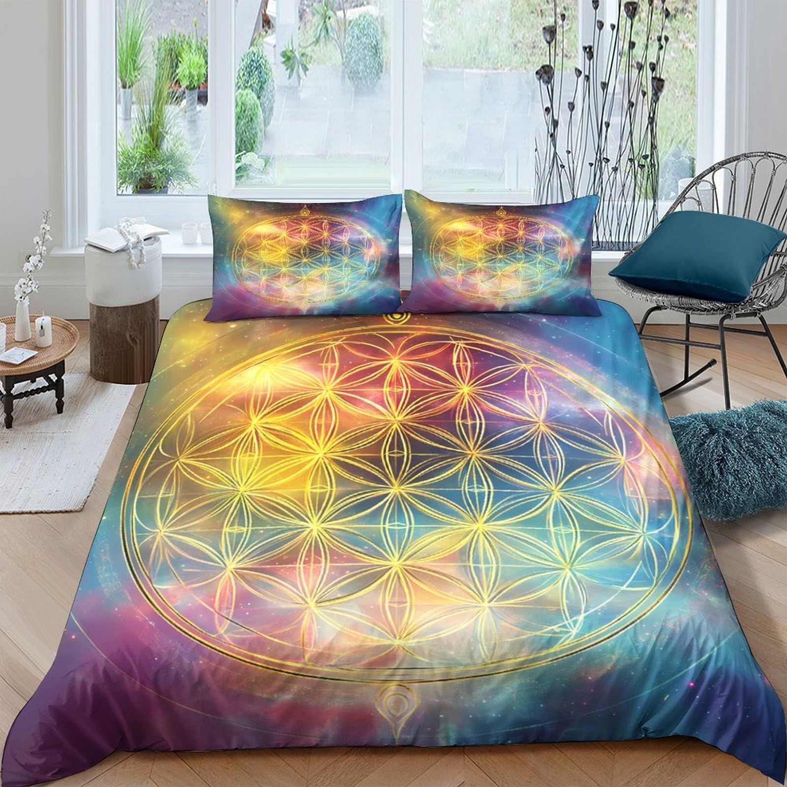 GPLZQXKJNH 3D Printed Sacred Geometry Duvet Cover Microfiber Soft Rainbow Mandala Bedding Set with 2 Pillowcases for Bedroom Decor Single（135x200cm）