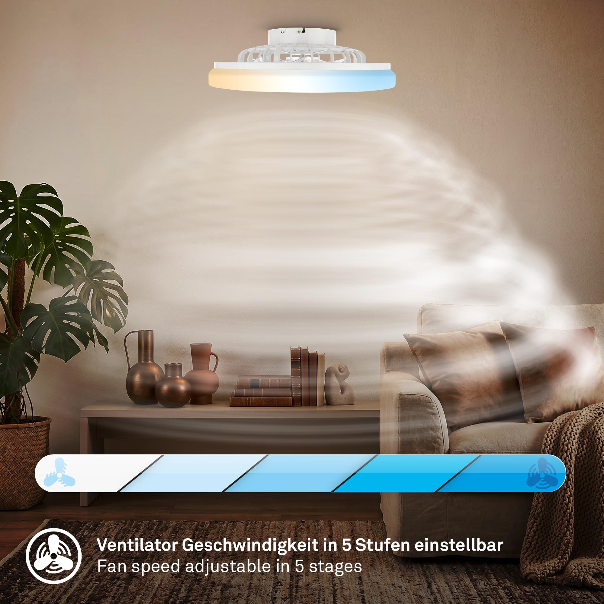 BRILONER - CCT Deckenventilator mit Beleuchtung 5 Geschwindigkeiten, Fernbedienung, Dimmbar, Timer, Schlafzimmerlampe, Wohnzimmerlampe, Deckenlampe mit Ventilator, 48,5x14,5 cm (DxH), Weiß