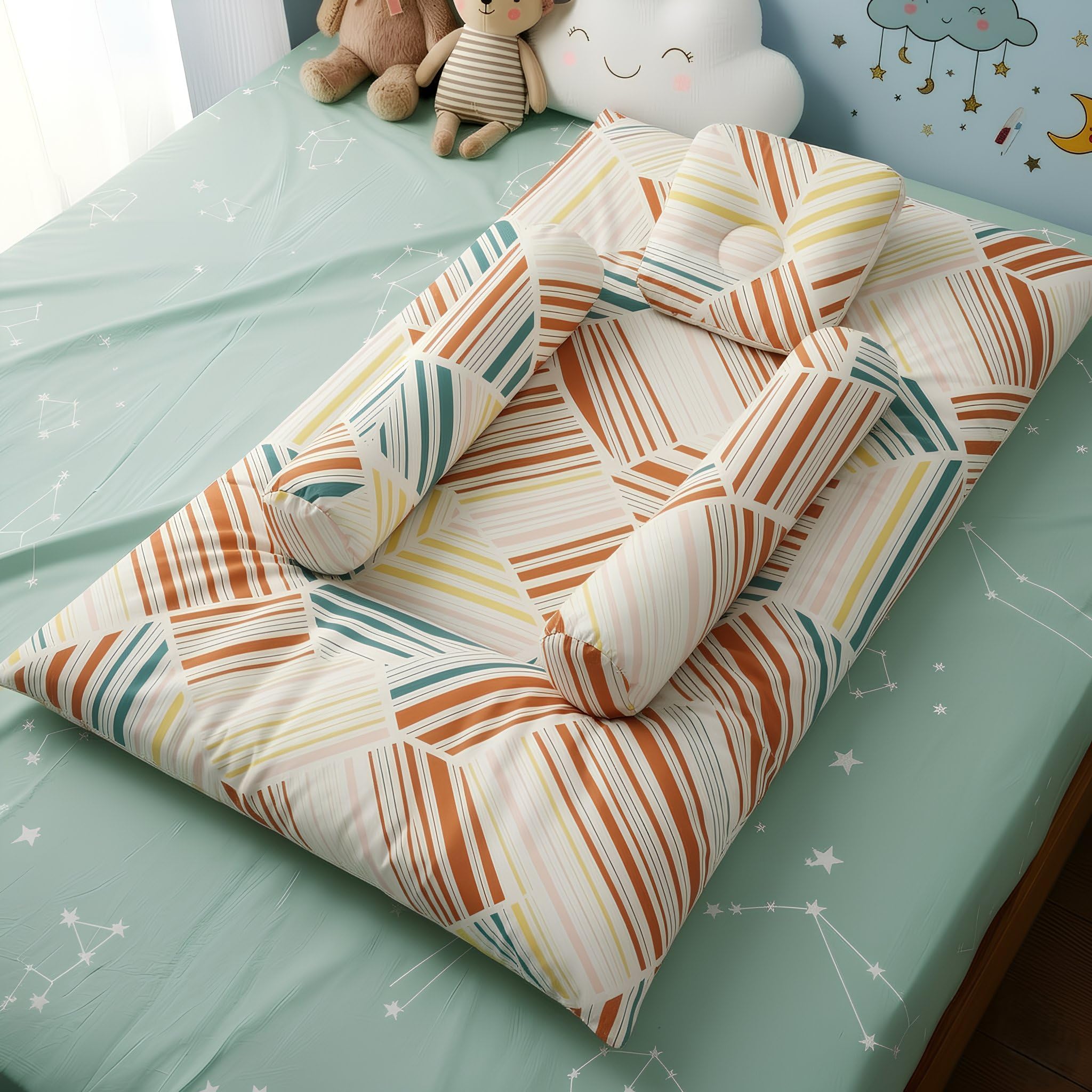 StarAndDaisy Newborn Baby Bedding Nest 100% Cotton Cushioned Mattress Sheet with 2 Side Bolster Pillows & 1 Head Pillow Breathable & Soft Boys & Girl Design- Check Print-image-20