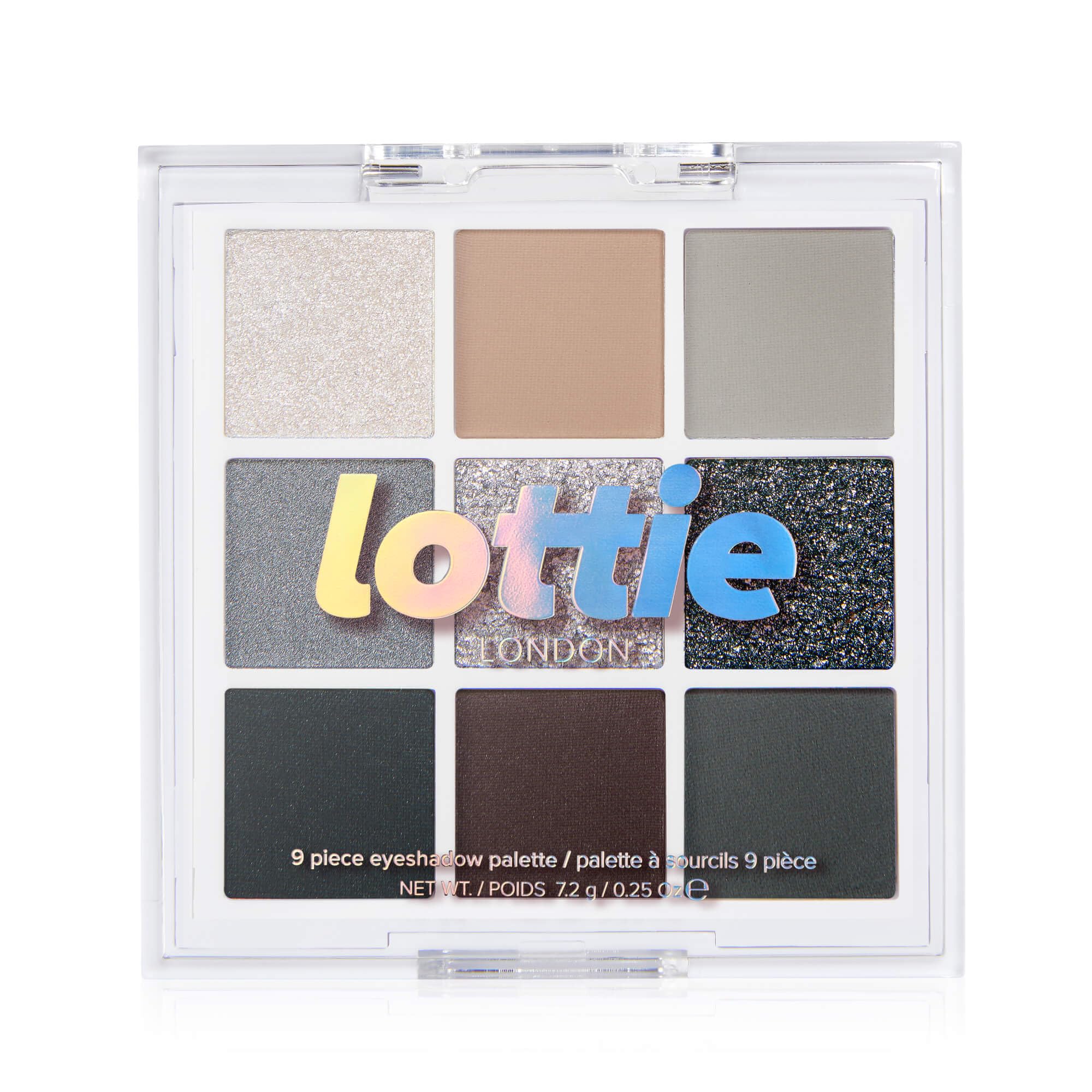 Lottie LondonLottie Palette in Soft Grunge, 9 shade compact eyeshadow palette in metallic grey and silver shades in a mix of creamy mattes and sparkling shimmers