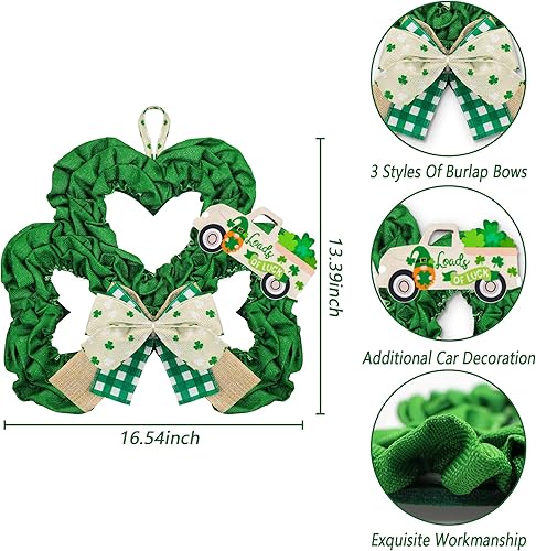 Miniatura 2 de Decoraciones de corona del día de San Patricio, corona de trébol de arpillera de 16.5 pulgadas con lazos a cuadros de búfalo y un auto de la suerte