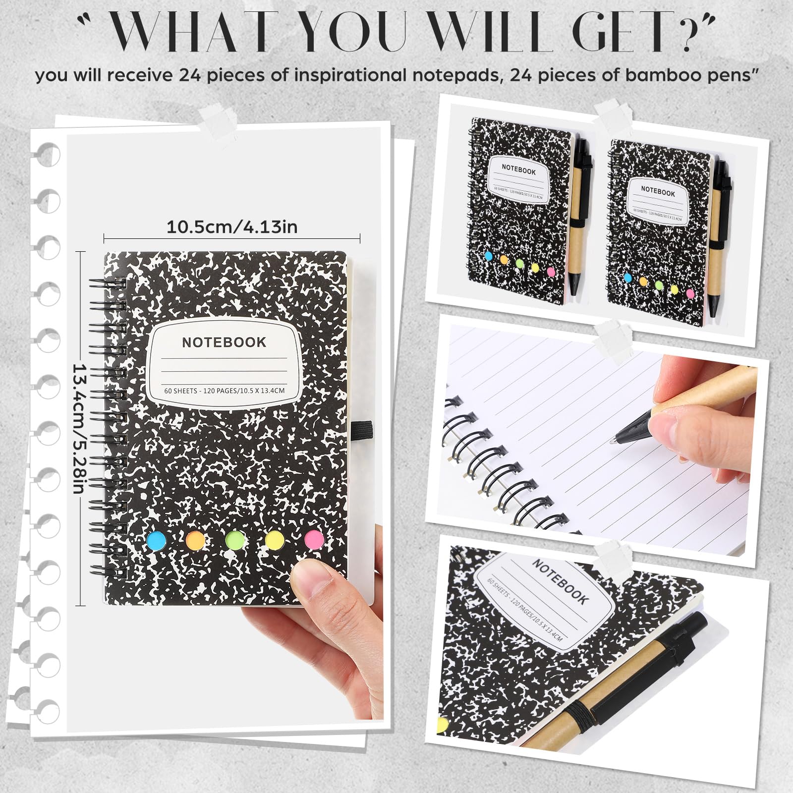 Dunzoom 24 juegos de cuadernos en espiral a granel, bloc de notas rayado con bolígrafo, notas adhesivas, pestañas de índice de colores, cuaderno de bolsillo de 5.2 x 4.1 pulgadas para suministros de