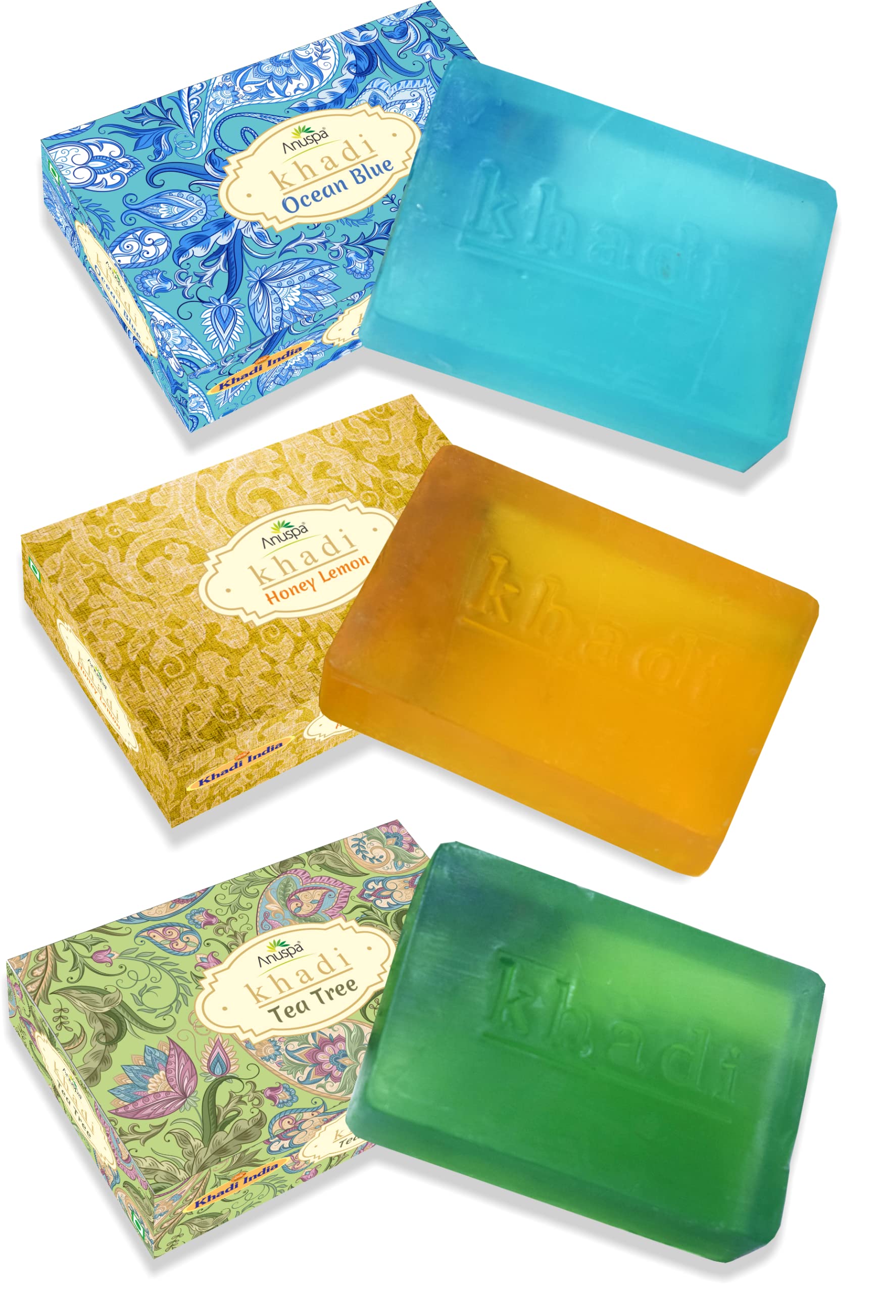 Anuspa Khadi Nature Combo | Pack of 3 | 125 Grams Each | Herbal Soaps Ocean Blue, Honey Lemon and Tea Tree | Paraben Free, Cruelty Free | Khadi Soap Combo Pack for Men and Women-image-29