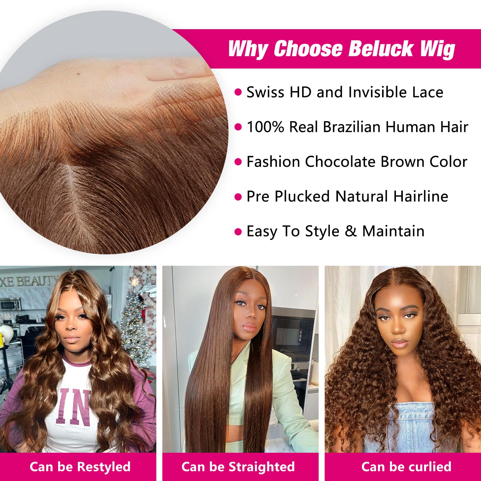 Pelucas Mujer Pelo Natural Humano Chocolate Brown 13x6 HD Lace Front Human Hair Wig Body Wave Glueless Peluca Cabello Humano Natural Marrón Chocolate Pegamento Peluca For Black Women 14 Pulgadas