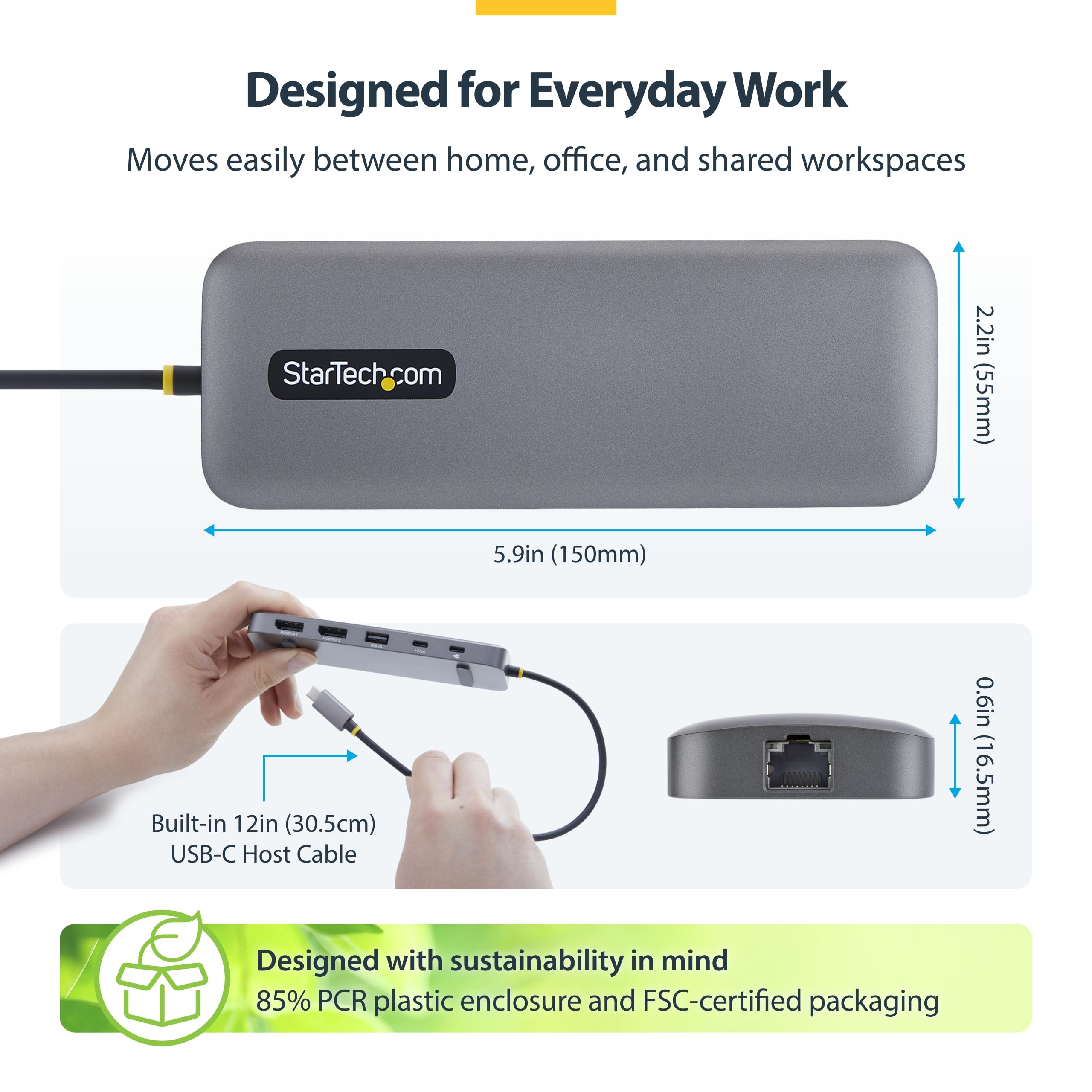 StarTech Dock USB-C 9-en-1, Double DisplayPort 4K, 10Gbps, 100W, GbE, SD