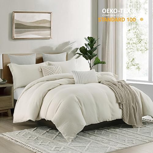 Miniatura 7 de CozyDH Juego de funda de edredón de lino belga, tamaño Queen, 100% lino belga natural, transpirable y duradero, con cierre de cremallera, 8 lazos,