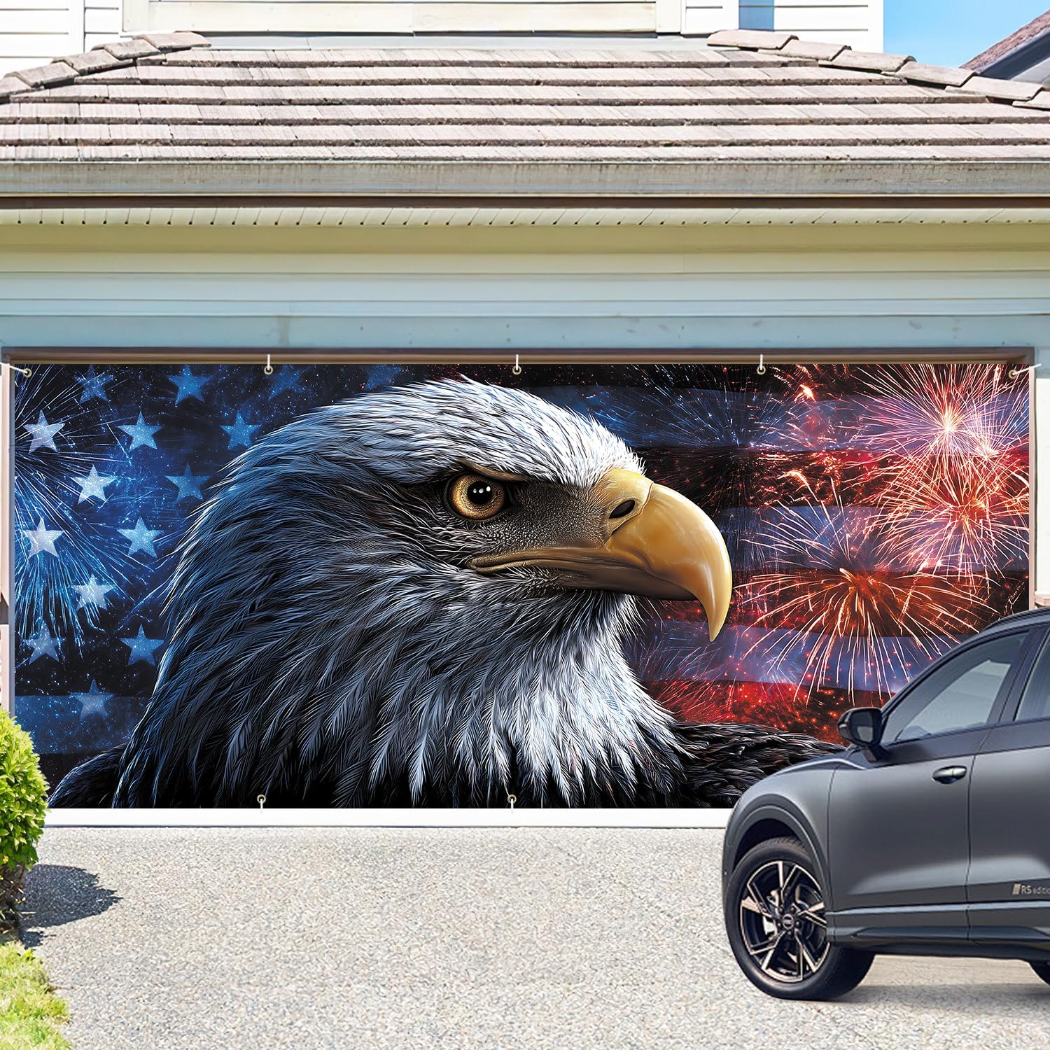 Patriotic Bald Eagle Garage Door Banner 7x16FT, American Flag Fireworks Independence Day Garage Door Cover, 4th of July Outdoor Garage Decoration for Yard Driveway Porch