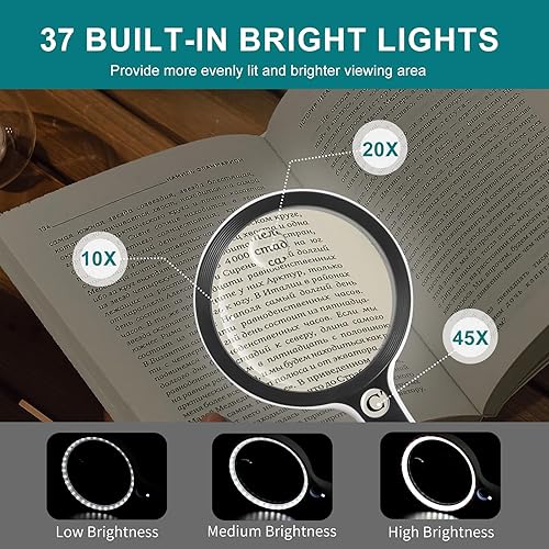Miniatura 2 de Lupa grande con 37 luces LED, 10 x 20 x 45 X, lupa iluminada de mano con 3 modos de luz para lectura, inspección, monedas, exploración de trabajos