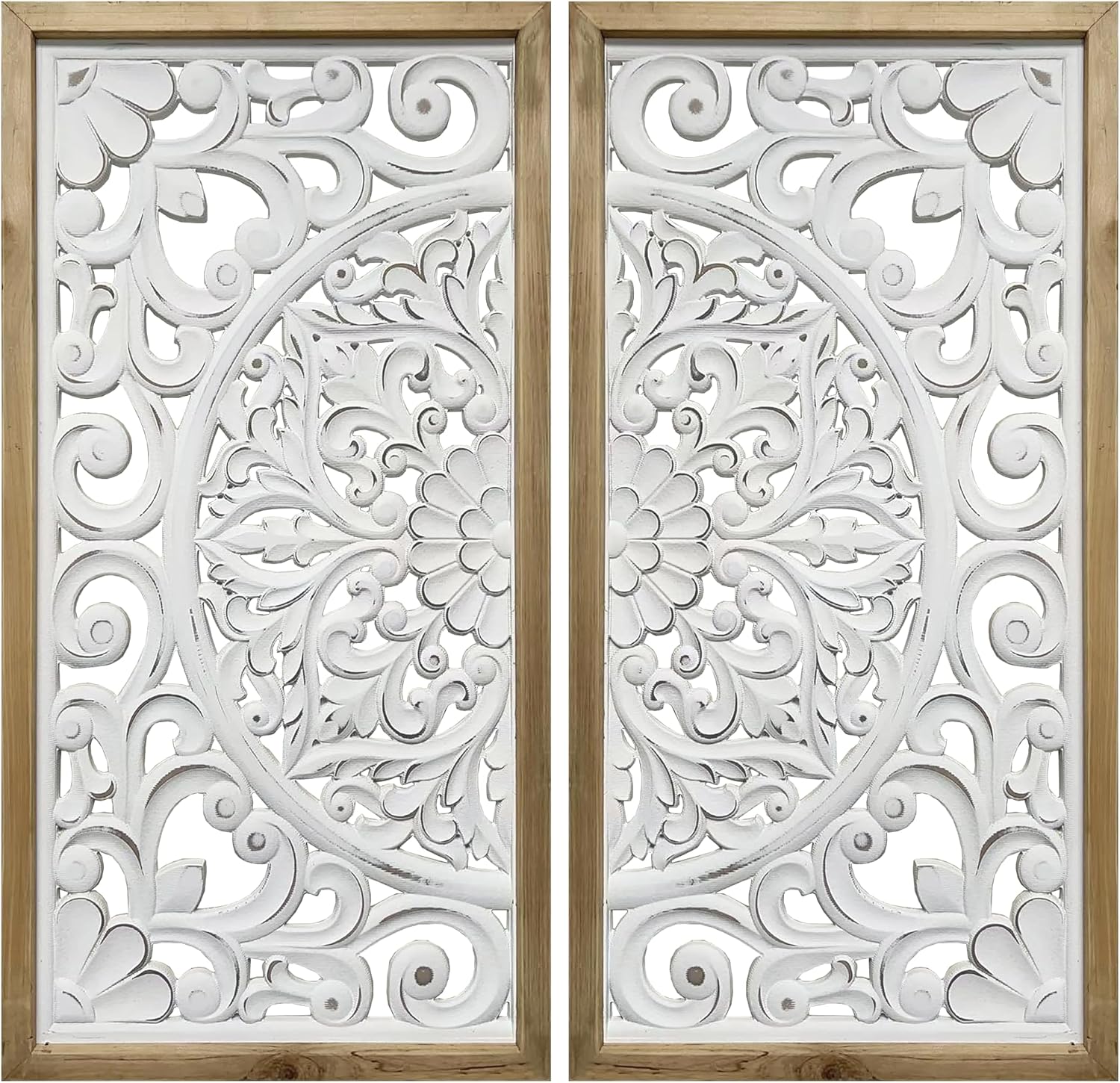 XIAOAIKA Rustic Wood Frame Wall Art Set of 2, White Distressed Floral Scroll Carved Panels, Vintage Farmhouse Boho Wall Decor for Living Room Bedroom Entryway, Each 32" x 16"