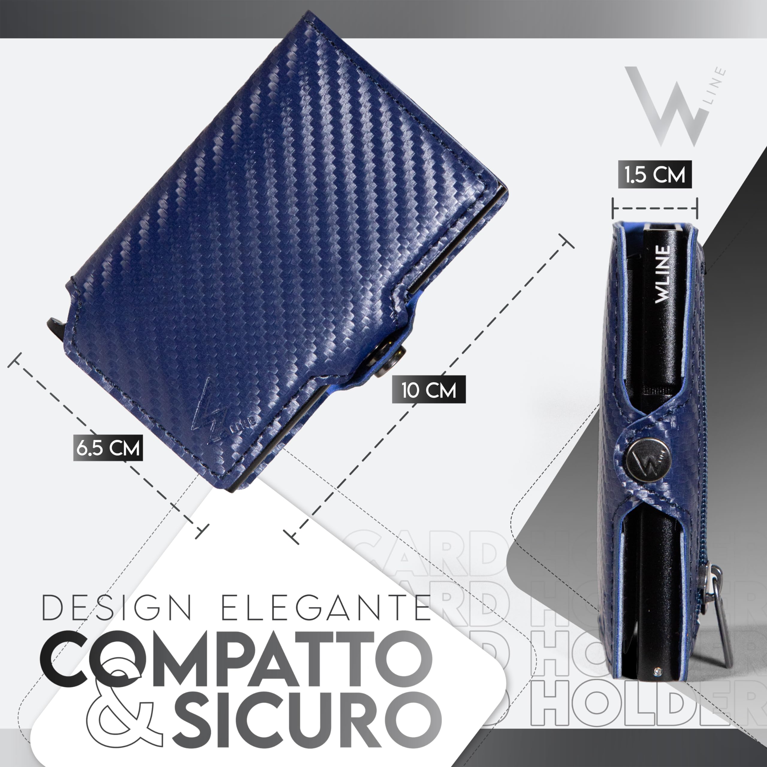 WLine Portafoglio Uomo Slim con Portamonete Rfid Compatto ed Elegante - Porta Carte di Credito Uomo e Donna Schermato in Fibra di Carbonio - Portatessere Uomo Tascabile (Blu Carbon con Zip)