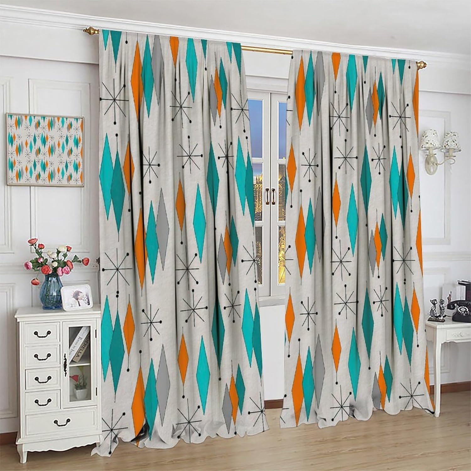 Europen Modern Mid Century Blackout Curtains - Abstract Background Mid Century Colorful Diamond Print for Home Kitchen Livingroom Coffee Room Curtains Window Drapes 2 Panels W42xL45 Inch