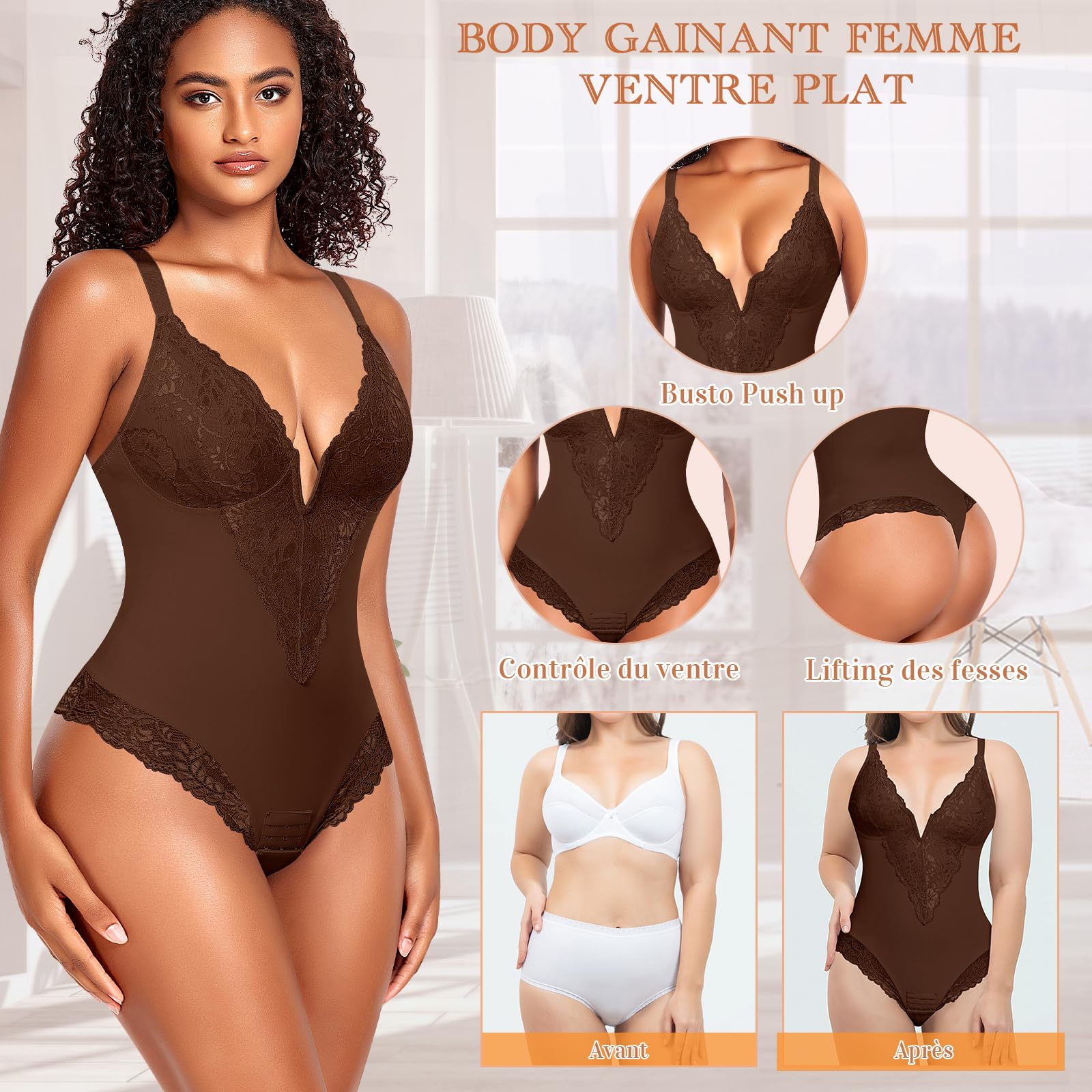 YARRCO Body Gainant Femme Ventre Plat String Gaine Amincissante Body Sculptant Bodysuit Shapewear Col V Dentelle Corset Minceur Invisible