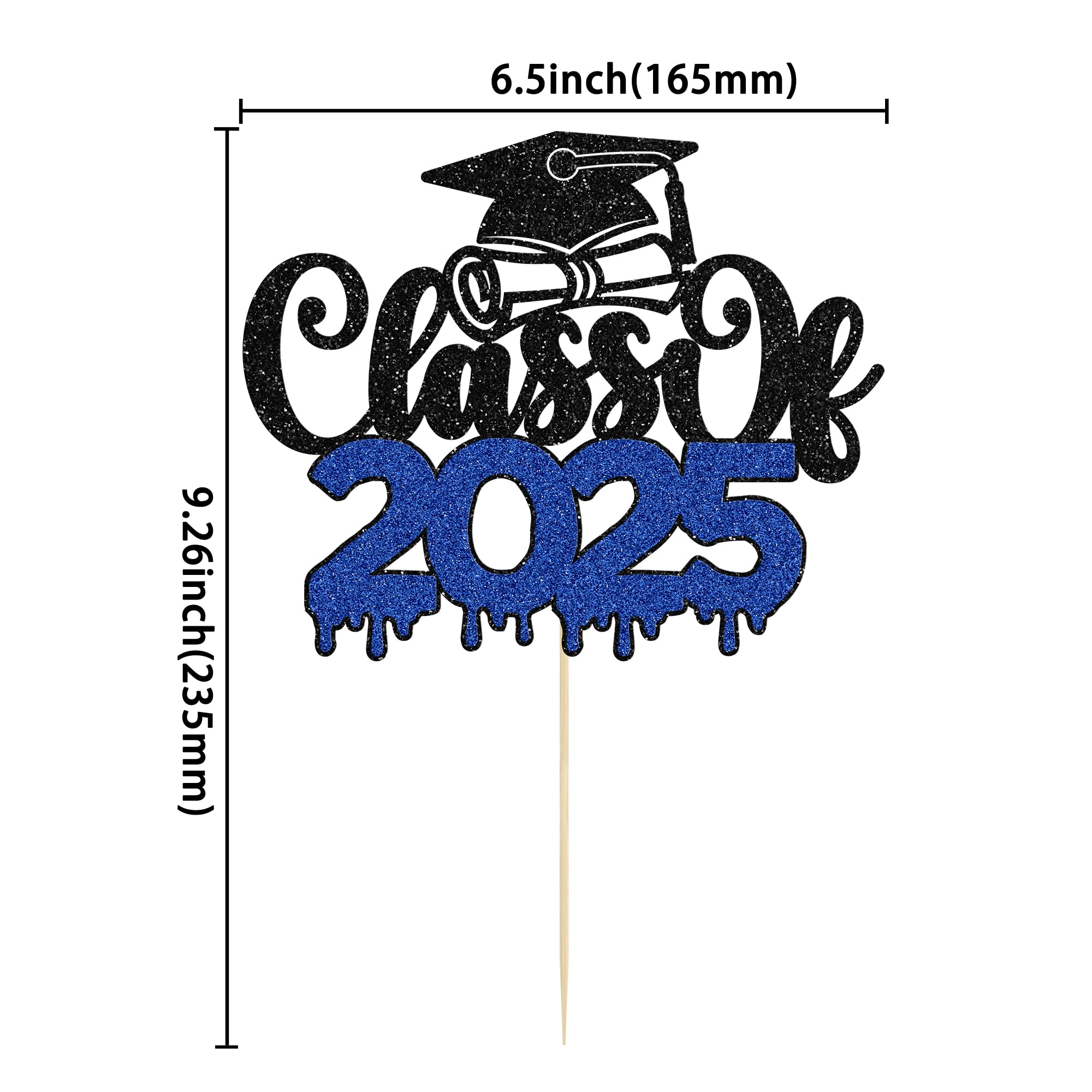1Pc Class of 2025 Cake Topper Glitter Congrats Grad Cap 2025 Graduation Cake Pick for 2025 Graduation Theme High School Boys Girls Graduate Party Cake Decorations Supplies Black Blue