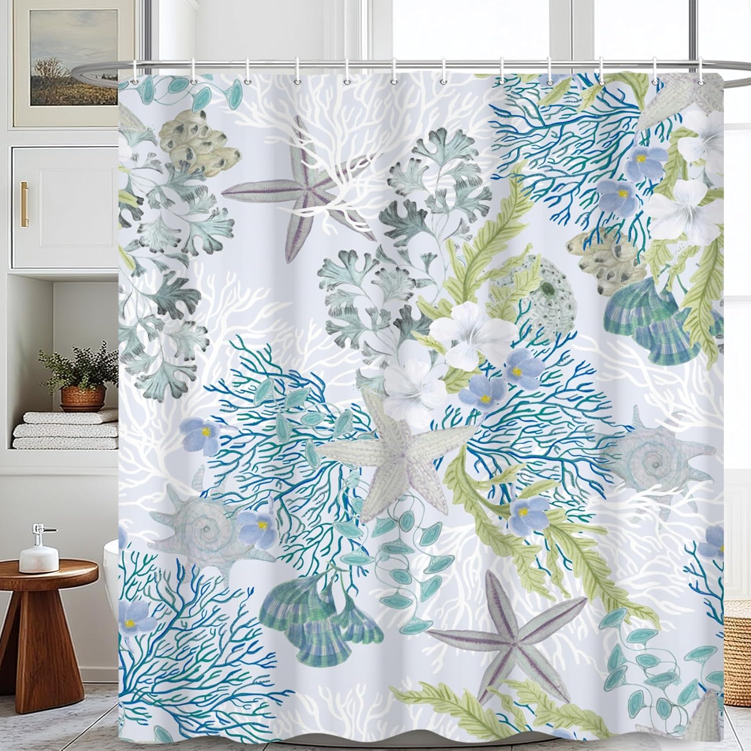 Ocean Plant Shower Curtain Starfish Coral Tree Pattern Bathroom Curtain Tropical Undersea Theme Waterproof Fabric Decor Shower Curtain with Hooks 72x96 Inch