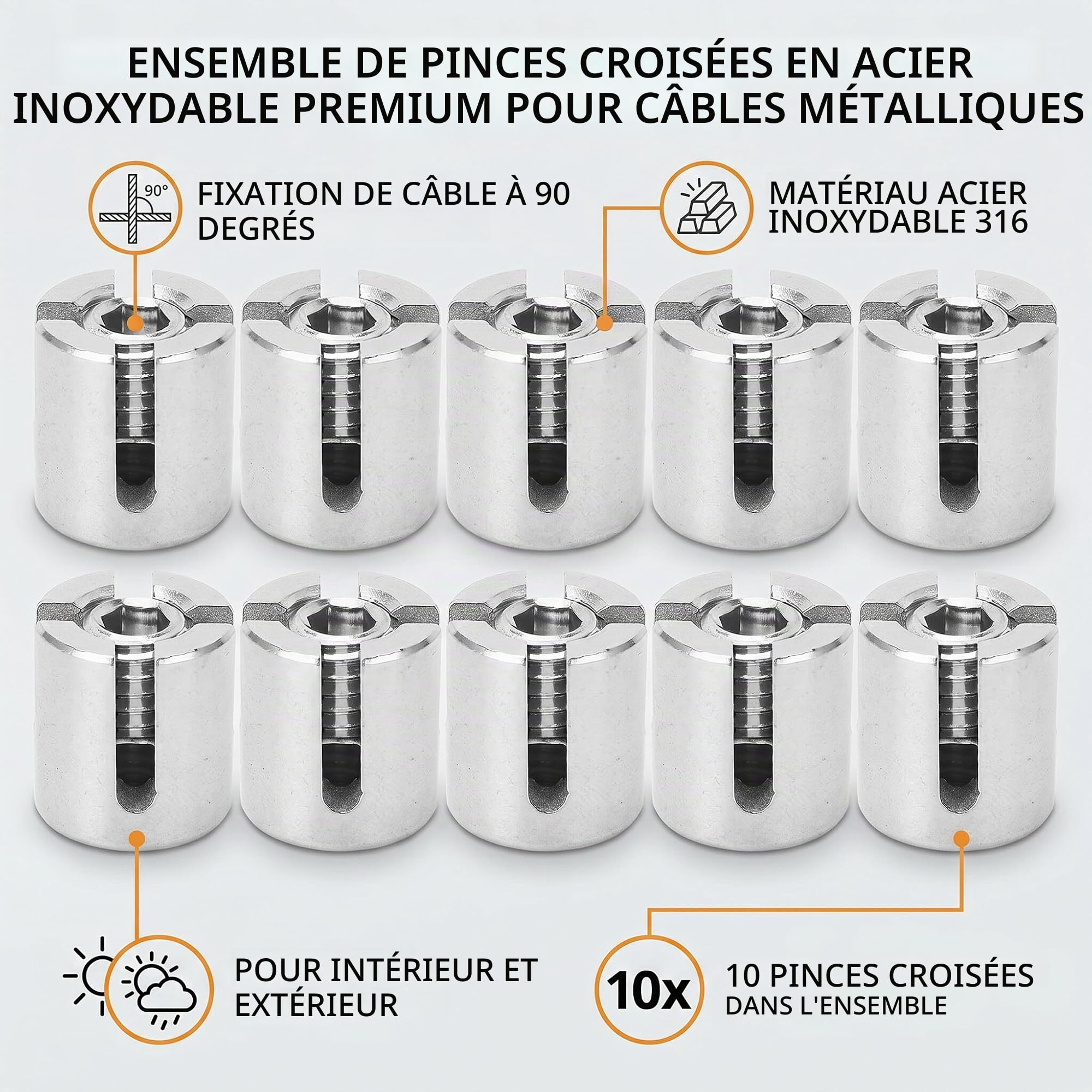 Serre-Câble Croisé Inox 316 10 Pièces pour Câble 3mm, Pince à Câble Croisée en Acier Inoxydable, Fixation Murale pour Treillis, Garde-corps et Projets Extérieurs (M8)